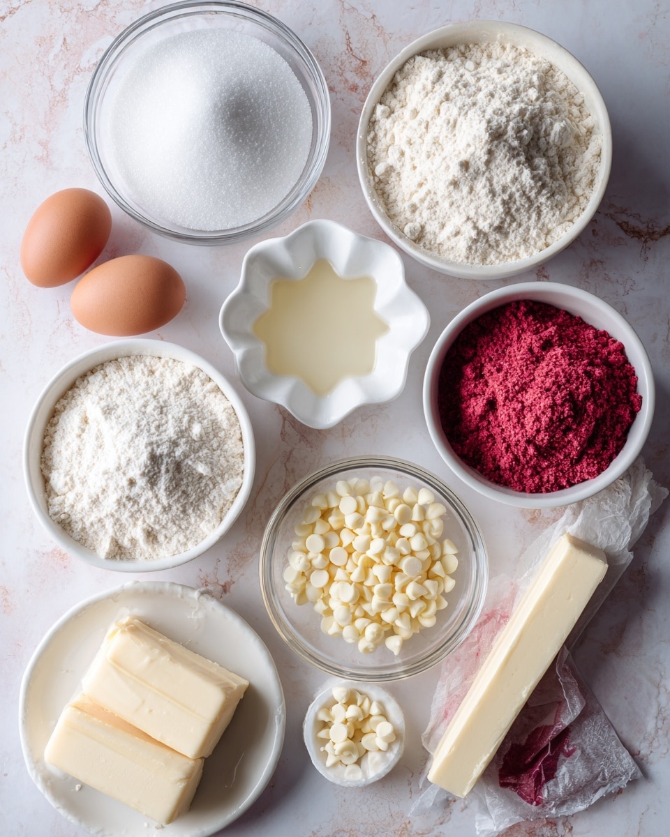 The image shows several clear and white bowls and small containers arranged on a white marbled surface, each holding different baking ingredients. There is a white bowl filled with granulated sugar, another white bowl with all-purpose flour and fine sea salt mixed, and a small glass bowl with white chocolate chips. A small flower-shaped white dish contains vanilla liquid, and a glass bowl holds freeze-dried strawberry powder in a bright pink color. Two eggs with brown shells are placed near a tube of pink or red food coloring and a small stick of unsalted butter wrapped in paper. The overall scene is bright with soft natural light, photo taken with an iphone --ar 4:5 --v 7