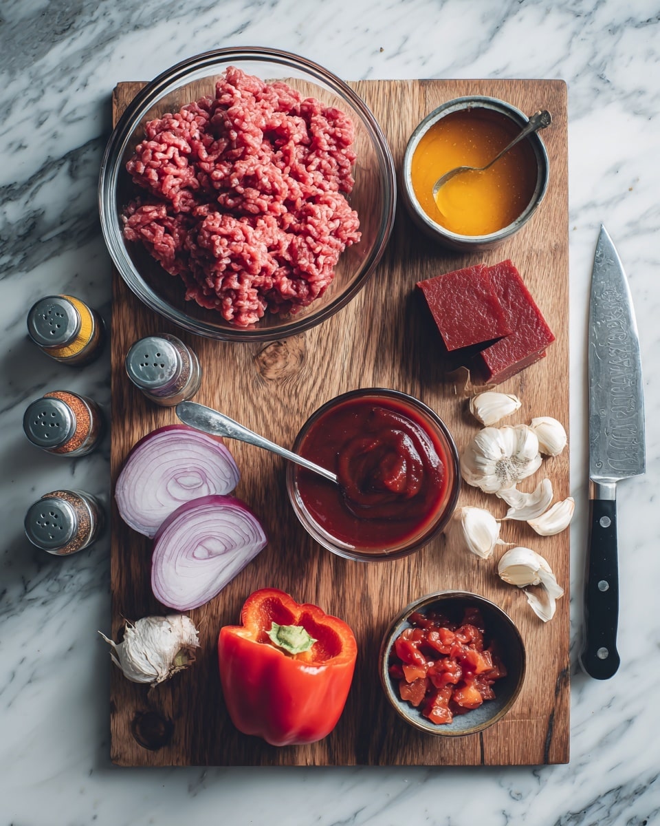 The image shows ingredients arranged neatly on a white marbled surface with a wooden cutting board in the center. On the left is a clear glass bowl filled with raw ground beef, pink and textured. Below the bowl is a small glass container filled with dark red ketchup with a metal spoon inside. To the left of the ketchup are three small spice bottles with green, red, and white powders labeled cumin, chili powder, and garlic powder. On the wooden board, there are two halves of a purple and white red onion placed in the bottom left. Next to it are three garlic cloves with papery skins scattered nearby. Toward the top right of the board, a red bell pepper cut in half reveals its hollow inside and seeds. Above the bell pepper is a small glass bowl with two blocks of tomato paste, dark red and thick. To the right of that is a small metal cup with diced red tomatoes in sauce. At the top right corner off the board is a similar metal cup with yellow vegetable or beef broth. A large knife with a black handle rests partly on the board near the garlic. The photo taken with an iphone --ar 4:5 --v 7