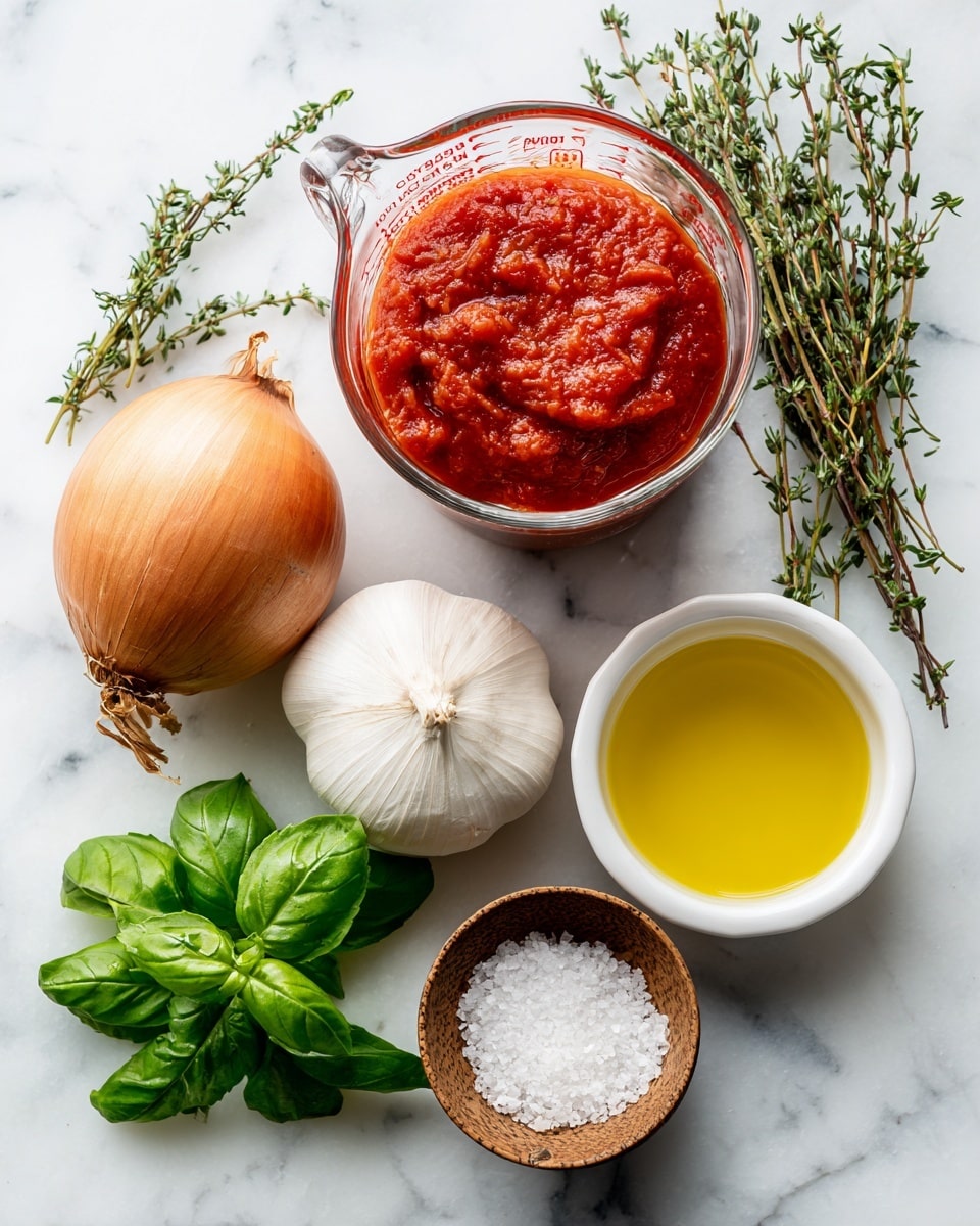 The image shows several fresh ingredients arranged on a white marbled surface. In the top right is a clear glass measuring cup filled with thick red crushed tomatoes, showing a smooth but rich texture. To the left of it is a whole brown onion with a dry, shiny peel. Below the onion are green thyme sprigs with tiny leaves hanging from thin stems. In the center bottom is a bunch of fresh green basil leaves with a smooth and slightly glossy surface, and next to it is a whole white garlic bulb with a tight papery skin. On the right side, there is a small white bowl filled with bright yellow olive oil, and below it is a round wooden bowl containing coarse white salt. photo taken with an iphone --ar 4:5 --v 7