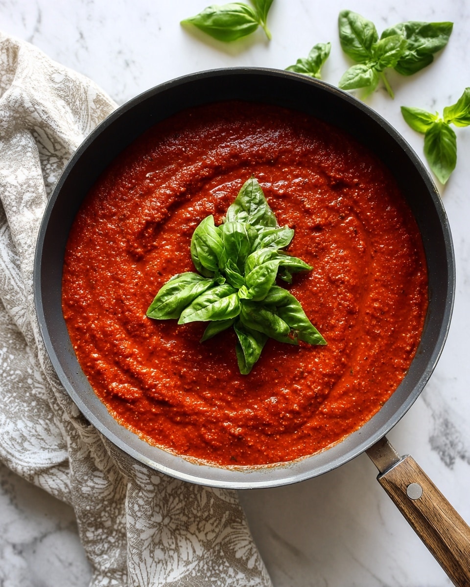 A dark gray pan filled with thick, textured bright red tomato sauce with some chunks, topped with a small bunch of fresh green basil leaves in the center. The pan is sitting on a white marbled surface next to a cloth with a light pattern, and some basil leaves are scattered on the top right corner of the image. Photo taken with an iphone --ar 4:5 --v 7