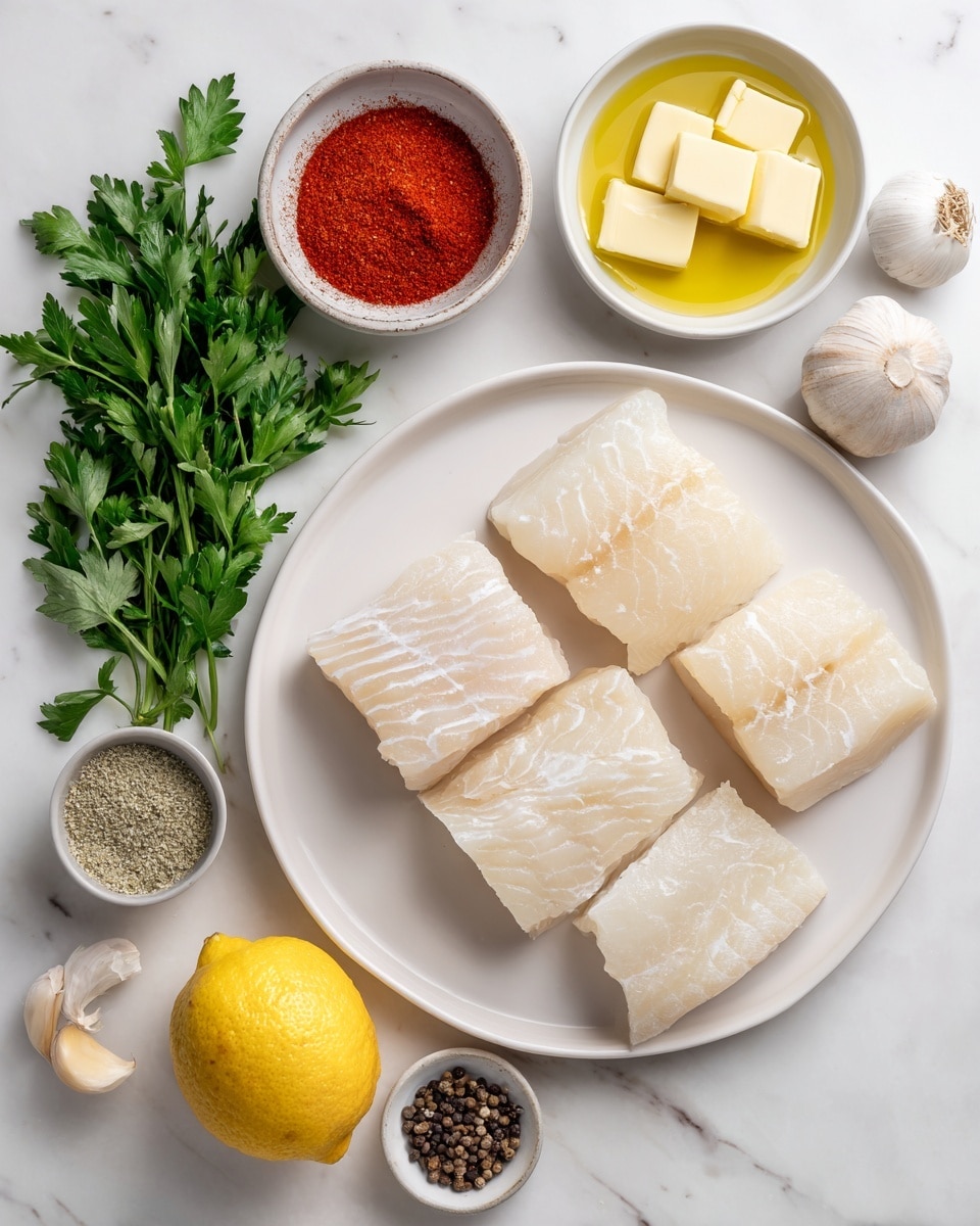 The image shows four pieces of raw cod filets arranged on a large white plate, each filet pale and slightly translucent with visible texture lines. To the left of the plate, there are small bowls and fresh ingredients arranged neatly on a white marbled surface: a bowl of bright red paprika powder, a bowl of golden olive oil, a small bowl with three square pieces of pale yellow butter, a bunch of fresh green parsley with leafy texture, a bright yellow lemon with smooth skin, a whole bulb of white garlic, and a small bowl containing coarse salt and cracked black pepper. Each ingredient is labeled with clear, simple text. Photo taken with an iphone --ar 4:5 --v 7