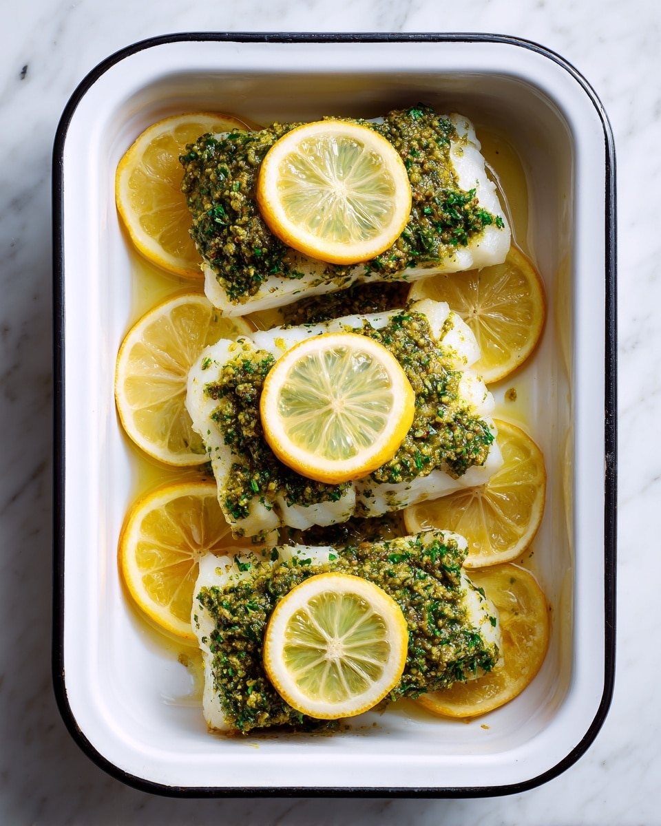 Four pieces of white fish fillets are placed in a white baking dish with a black rim, each topped with a thick, green herb and mustard-colored paste. Underneath each fish piece are thin, round slices of yellow lemon arranged neatly. On top of each fish fillet sits one more lemon slice, bright and fresh, showing the lemon's flesh and thin peel. The white marbled surface is lightly visible around the dish, adding clean brightness to the image. photo taken with an iphone --ar 4:5 --v 7