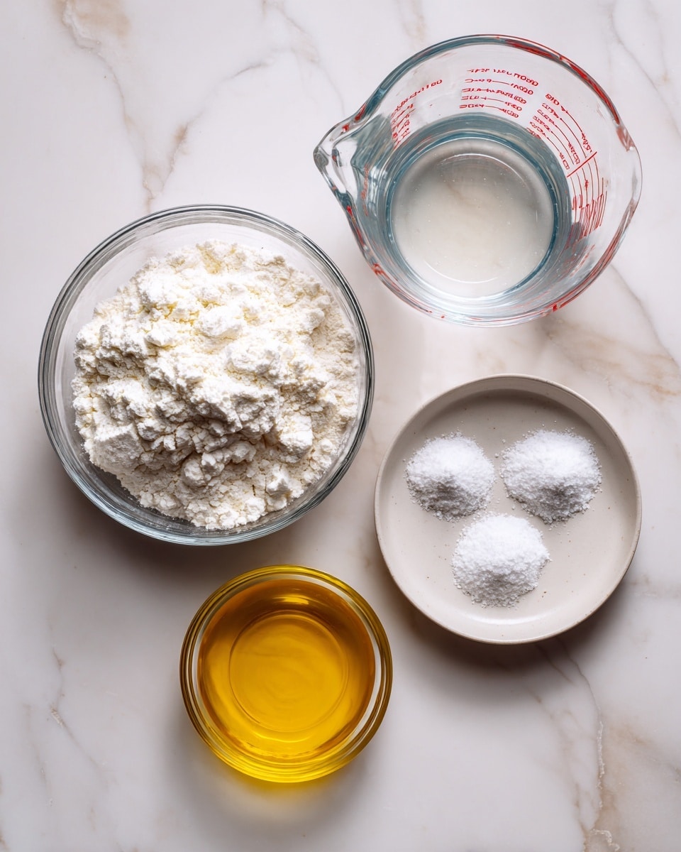 The image shows five containers of ingredients placed on a white marbled surface. On the top right is a clear glass measuring cup filled with transparent warm water, marked with red measurement lines. Below it, slightly to the left, is a clear bowl filled with white cassava flour, with a powdery texture and some uneven clumps on top. To the right of the flour, there is a small white plate holding three small piles of white powder labeled as cream of tartar, baking soda, and salt, each separated but grouped together. At the bottom center, a small clear bowl contains golden yellow olive oil, smooth and shiny in texture. The overall arrangement is neat and spaced out evenly. photo taken with an iphone --ar 4:5 --v 7