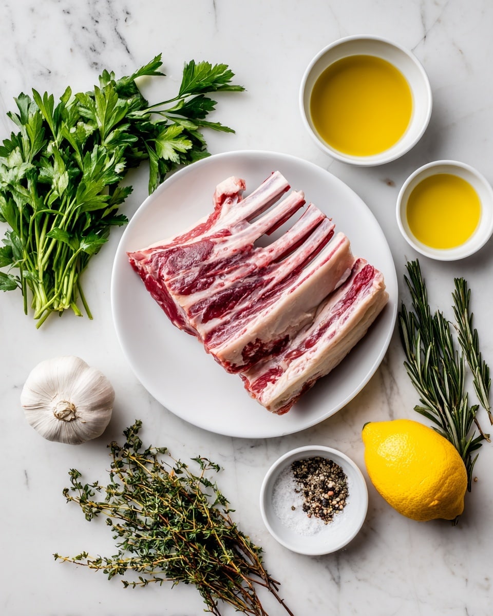 The image shows a white plate on a white marbled surface with a raw rack of lamb placed on it, featuring visible white fat and red meat with the ribs exposed. Around the plate, there are small white bowls with golden yellow olive oil and pale yellow Dijon mustard. Below the plate, there are fresh green parsley leaves, a whole white garlic bulb, some green rosemary sprigs, green thyme stems, a bright yellow lemon, and a small white bowl filled with coarse salt and black pepper. All ingredients are neatly arranged and clearly labeled. Photo taken with an iphone --ar 4:5 --v 7