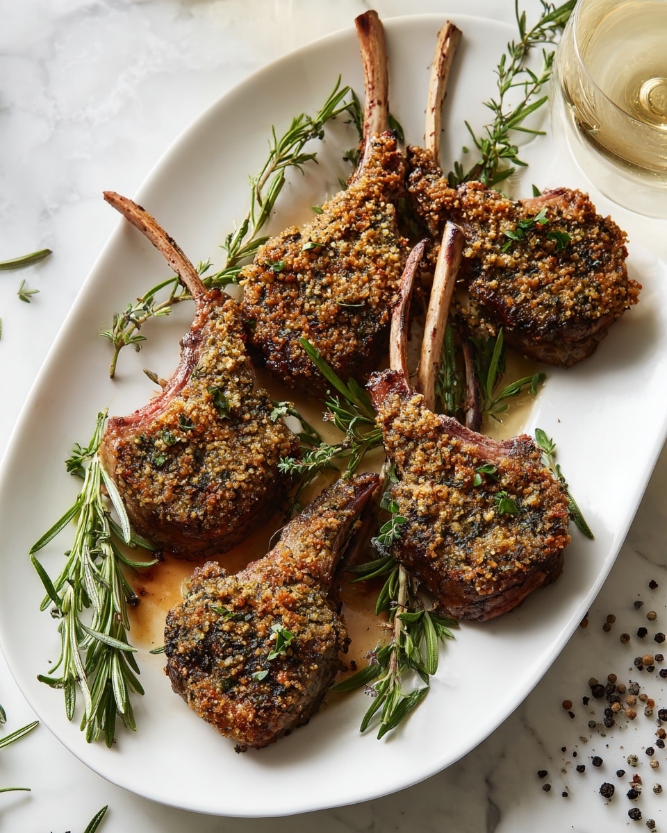 A white oval plate holds six pieces of pink lamb chops with a herb crust showing a rough greenish-yellow texture, each with a long bone sticking out, arranged in a slightly overlapping way. The lamb's outer edge is browned with a mix of crisp and soft textures, while fresh green rosemary sprigs are scattered around the meat as decoration. The plate sits on a white marbled surface with some black pepper and herb sprigs nearby, and a glass of light-colored drink is visible near the top right corner of the image. Photo taken with an iphone --ar 4:5 --v 7