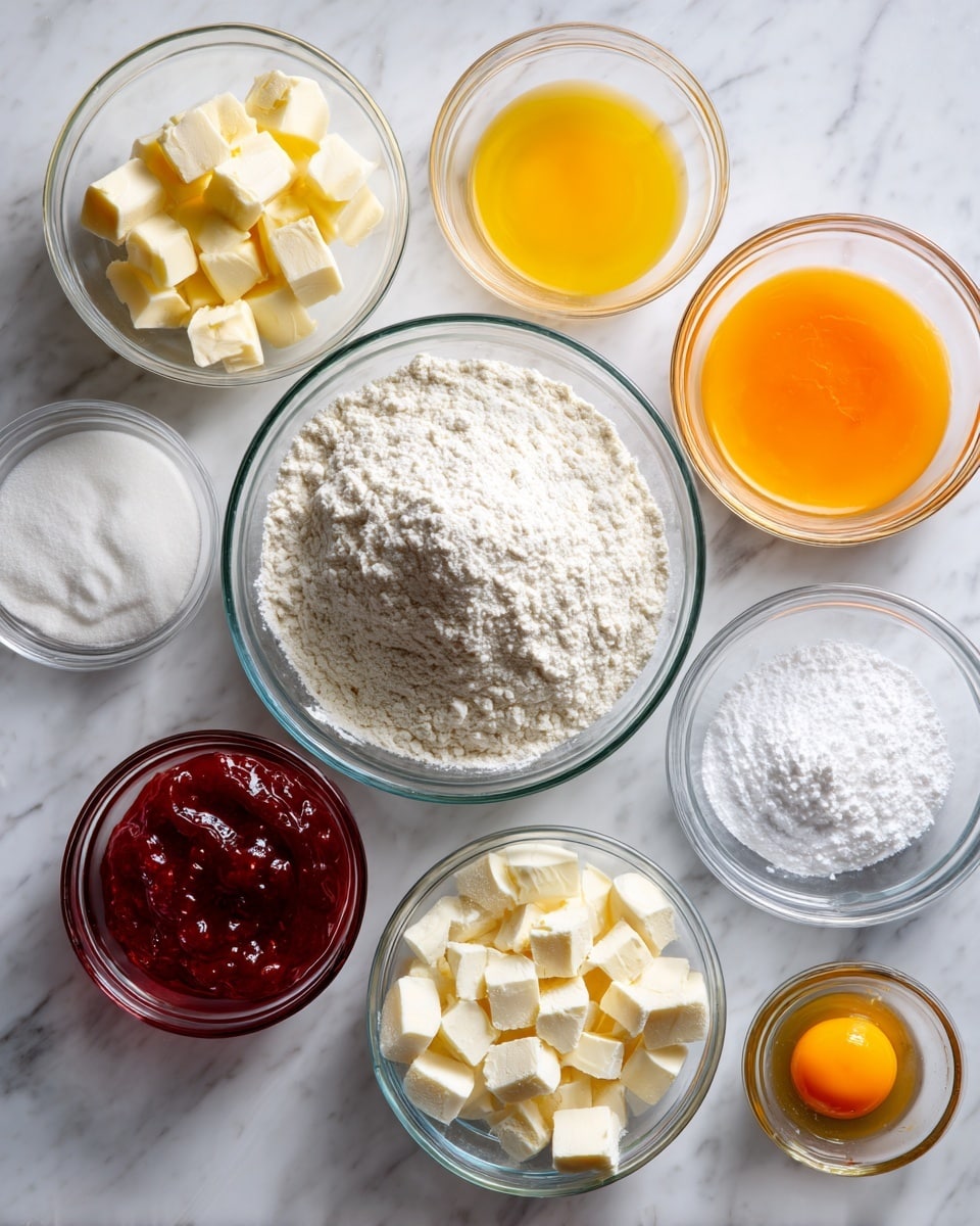 The image shows nine clear glass bowls arranged on a white marbled surface, each holding different baking ingredients. The largest bowl at the center contains a mound of white flour with a slightly rough texture. Surrounding it are smaller bowls: one with smooth yellow-orange liquid (likely beaten eggs), another with white powder (probably baking powder), one with multiple small cubes of pale yellow butter, a tiny bowl with white salt, a bowl with thick, bright red jam, another with thick, bright orange jam, a bowl with white granulated sugar, and a small bowl with a single raw egg yolk sitting in clear liquid. The bowls are clean and arranged with some space between them, showing a neat and organized ingredient setup. photo taken with an iphone --ar 4:5 --v 7
