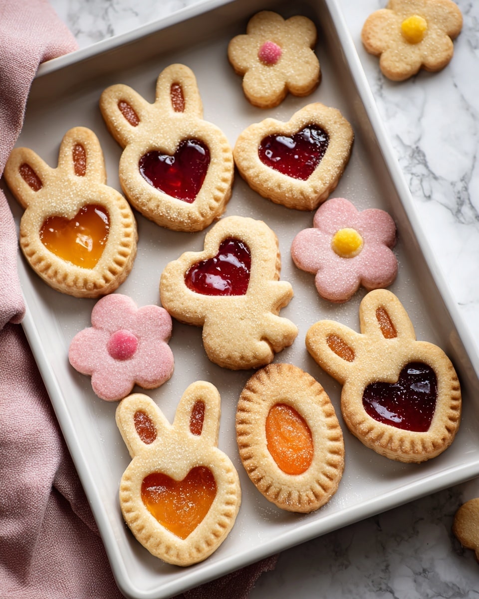 The image shows a white baking tray filled with different shaped cookies, including bunny-shaped and oval cookies. Each cookie has a top and bottom layer of golden brown dough, with the top layer having cut-out shapes like hearts and flowers, revealing a shiny, bright red or orange jam filling inside. The edges of the cookies are crimped, and some are sprinkled with coarse sugar. Small flower-shaped cookie pieces are scattered around the larger cookies. A pink cloth is partially visible under the corner of the tray, and the tray is placed on a white marbled surface. photo taken with an iphone --ar 4:5 --v 7