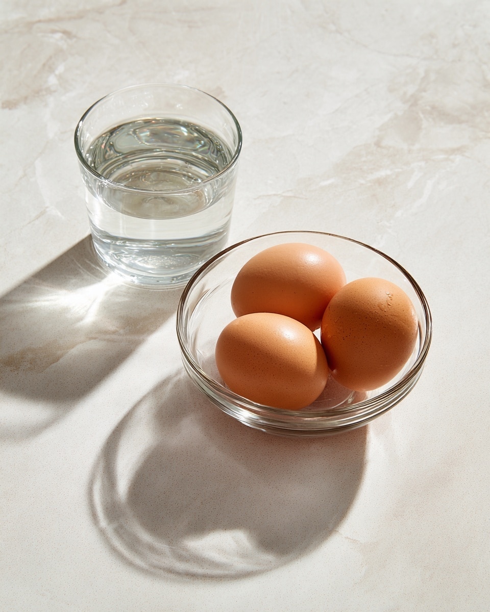The image shows two brown eggs inside a clear glass bowl on the right and a small clear glass filled with water on the left, both placed on a white marbled surface. The eggs have smooth, slightly shiny shells with soft shadows beneath them inside the bowl. The water in the clear glass looks still and reflects the light, casting a subtle shadow on the white marbled background. The setup is simple and bright with clear details and soft natural lighting. photo taken with an iphone --ar 4:5 --v 7