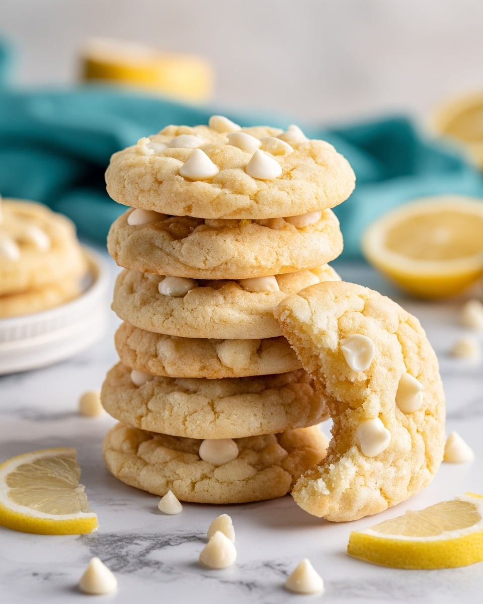 A stack of six soft, pale yellow cookies with white chips sits on a white marbled surface, with the top cookie showing a rough textured surface and some chips slightly melted into the dough. In front of the stack, one cookie leans against it, with a large bite taken from the right side, revealing a soft inside and white chips embedded on the top and inside. Around the cookies are more white chips scattered and two thin slices of lemon on the surface. The background includes blurred shapes that suggest more cookies on a white plate and a teal cloth. Photo taken with an iphone --ar 4:5 --v 7