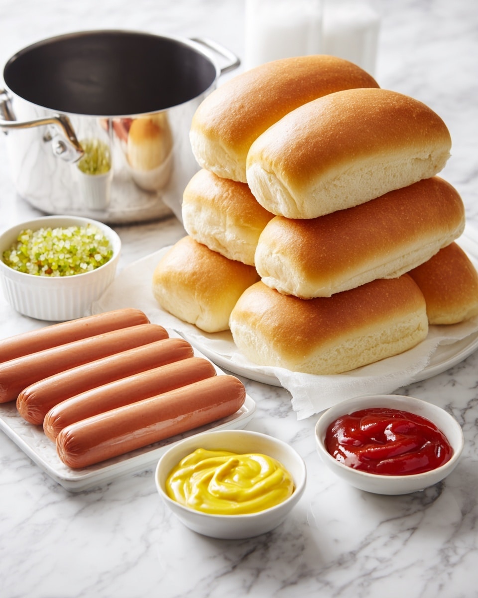 The image shows a stack of soft, golden hot dog buns placed on a white marbled surface next to a silver pot with a black inside. In the foreground, there is a tray of smooth, light brown hot dogs arranged neatly. Beside the buns and hot dogs, three small white bowls hold different toppings: bright yellow mustard with a smooth texture, finely chopped green relish, and shiny red ketchup. The whole setup is clean and organized, all against a white marbled background. photo taken with an iphone --ar 4:5 --v 7