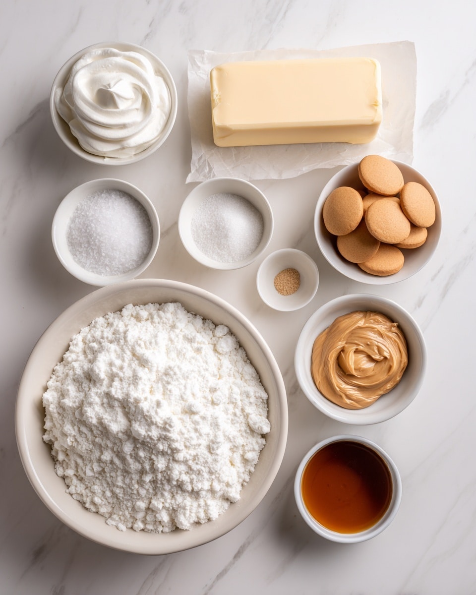 The image shows a flat lay of ingredients arranged neatly on a white marbled surface, used for making a sweet treat. There is one large white bowl filled with fluffy white powdered sugar at the bottom center. To its right, a smaller white bowl holds smooth, round melting wafers of a light brown color. Above the big bowl, a rectangular stick of butter wrapped in paper sits horizontally. Near the top right, a small white bowl contains creamy light tan peanut butter. Next to it, a darker brown liquid in a smaller white bowl represents vanilla extract. A small white bowl with white granulated salt is to the left of the vanilla extract. Above the salt, a dollop of white marshmallow fluff is being piped from a woman's hand on the left side. The entire setup is well-lit and clean with labels identifying each ingredient in black and white. Photo taken with an iphone --ar 4:5 --v 7
