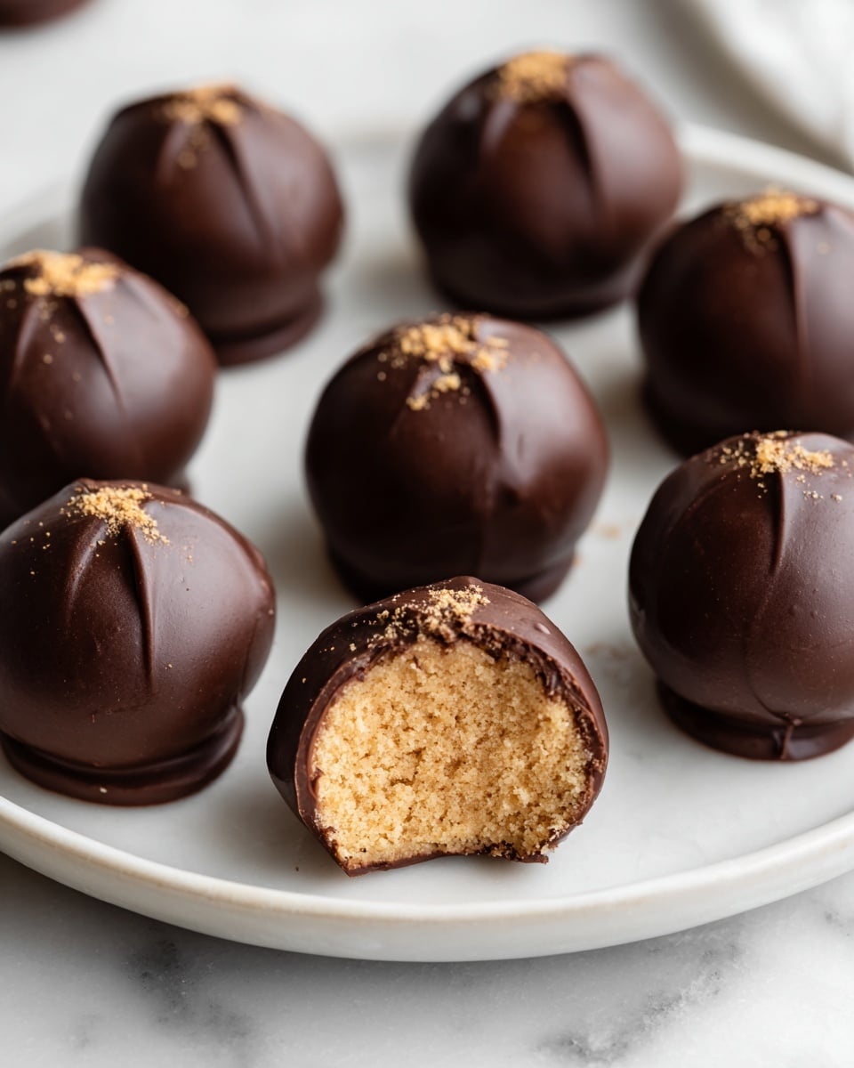There are ten round chocolate-covered balls arranged in two rows on a white plate placed on a white marbled surface. Each ball has a smooth, shiny dark brown chocolate shell with a small peak on top. The closest ball in the front row has a bite taken out, revealing a soft, crumbly light tan filling inside. The chocolate coating near the bite is slightly cracked, showing a contrast between the dark outer layer and the light interior. The chocolate shells have a slight wet shine, making them look fresh. Photo taken with an iphone --ar 4:5 --v 7
