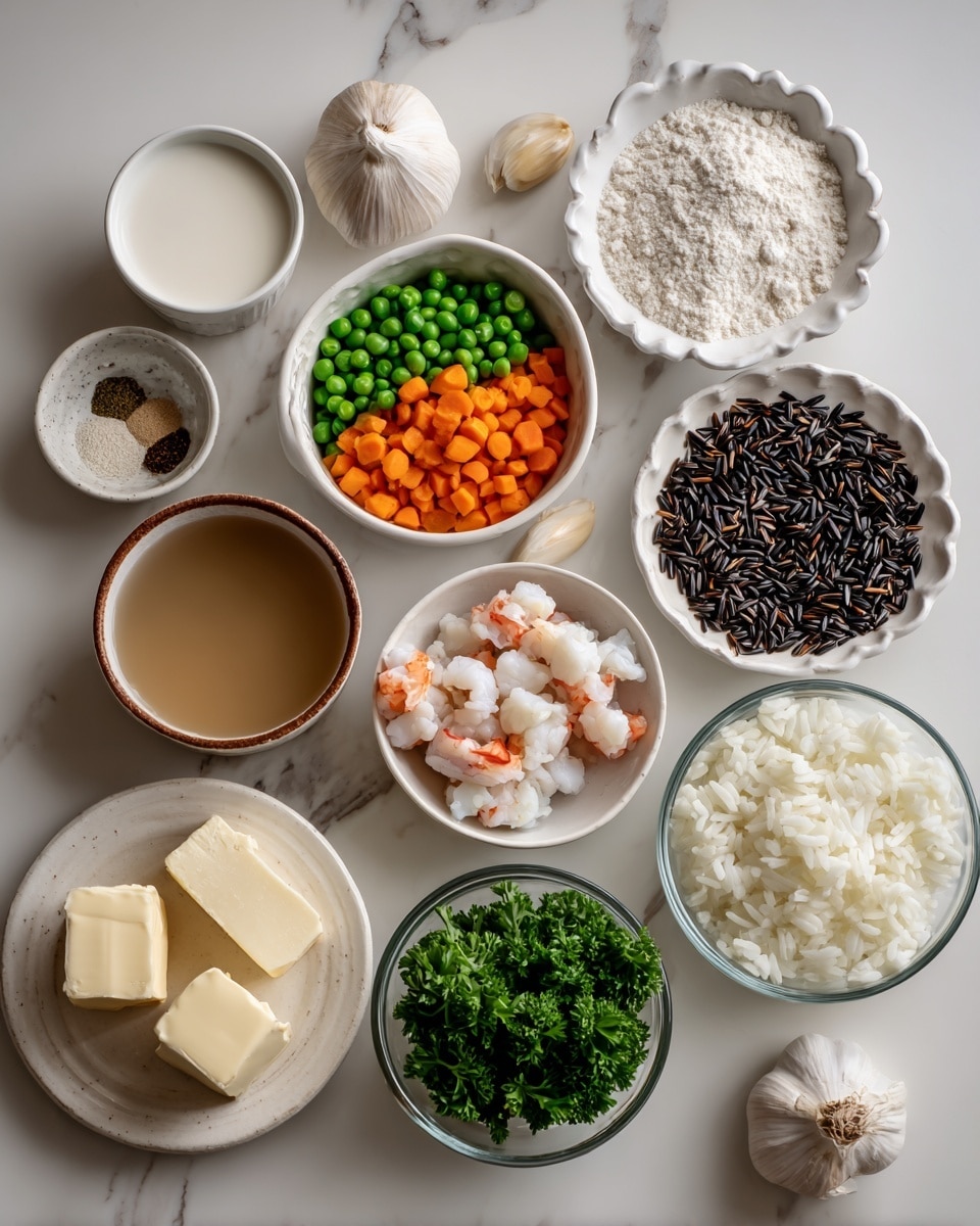 The image shows an overhead view of various cooking ingredients arranged neatly on a white marbled surface. There are eleven small white bowls and one brown bowl, each containing different items: one bowl holds bright orange and green frozen peas and carrots, another is filled with white flour, and a small bowl contains combined spices in shades of black, white, and light brown. A bowl with white diced onions sits near a bowl of dark wild rice grains. There is a bowl with white and orange crab meat pieces, chunks of pale yellow butter on a white plate, and a bowl filled with fresh green parsley leaves. Two clear glass bowls are also present; one has light brown vegetable broth, and the other holds white milk and heavy cream. Near the top left, a scalloped white dish contains several light beige garlic cloves. The ingredients are spaced evenly in a semi-circle composition. photo taken with an iphone --ar 4:5 --v 7