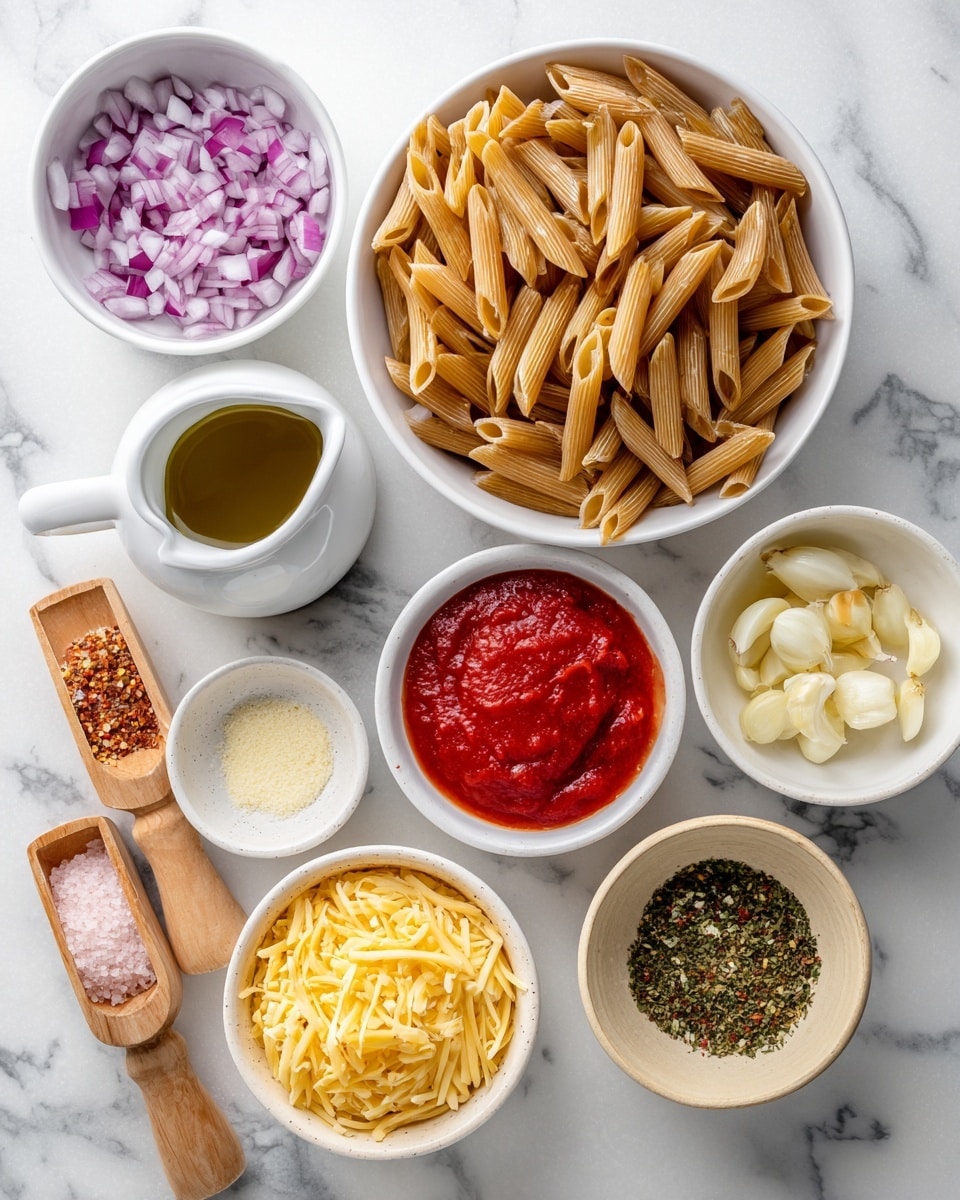 The image shows nine small white bowls and one wooden scoop arranged on a white marbled surface, each holding different ingredients. The largest white bowl near the center contains uncooked brown penne pasta with a firm texture. To its left, a white bowl holds finely chopped pale purple onion pieces. Below that, a small wooden scoop is filled with pink salt crystals. Next to the salt is a small white pitcher with clear olive oil. To the right of the pasta bowl, a beige bowl contains shredded yellow cheese with a soft texture. Above the cheese, a round white bowl is filled with bright red tomato puree. Next to it, another white bowl holds minced garlic, pale yellow and finely chopped. Adjacent to the garlic bowl is a white bowl with chili flakes mixed with dried green herbs. Lastly, a white bowl at the top left corner contains smooth, deep red tomato sauce. The overall look is clean and organized. Photo taken with an iphone --ar 4:5 --v 7