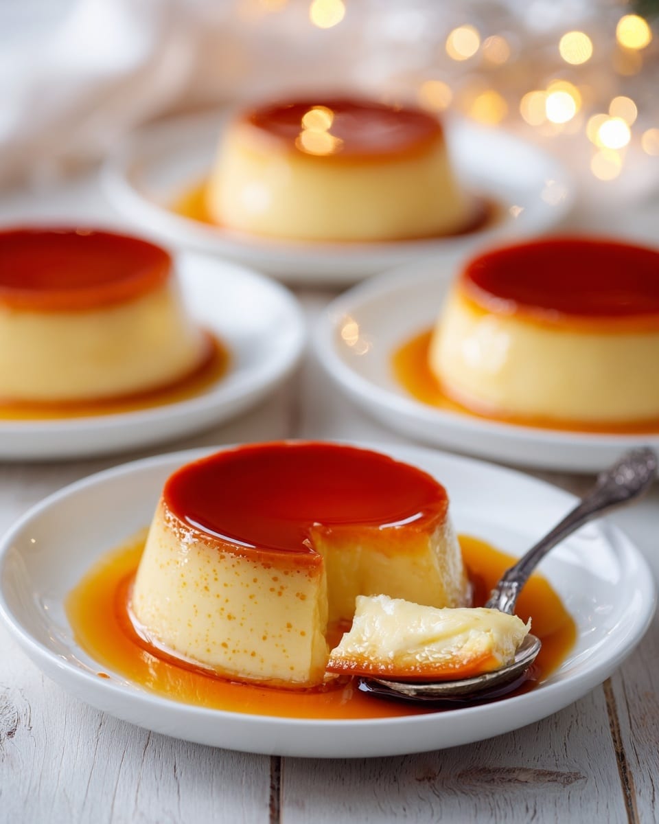 The image shows four white plates each holding a round flan dessert sitting in amber-colored caramel sauce. The flan has two layers: a smooth, glossy caramel layer on top in a deep amber color, and a creamy, light yellow custard layer beneath. One plate in the front has a silver spoon scooping a piece of the custard, revealing its soft and creamy texture. The background surface is a light wood color with soft blurred light spots adding warmth. The overall scene is bright and clean, focusing on the flan’s shiny caramel top and creamy base. Photo taken with an iphone --ar 4:5 --v 7