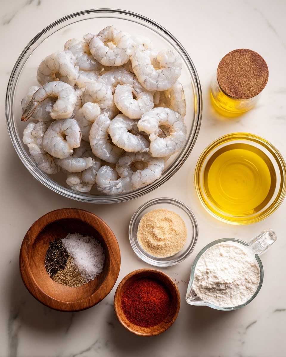 A clear glass bowl is filled with peeled raw shrimp, showing light grey and white colors. To the right is a small clear bowl with yellow oil, and below it, another small clear bowl contains white corn starch. Three clear spice jars are lined up under the shrimp bowl, holding garlic powder, onion powder, and paprika, with light beige, white, and reddish colors, respectively. In front of the spices, there are two small wooden bowls, one with coarse black pepper and the other with white salt. On the bottom right, a clear measuring cup has white buttermilk. Everything is placed on a white marbled surface, and the photo taken with an iphone --ar 4:5 --v 7