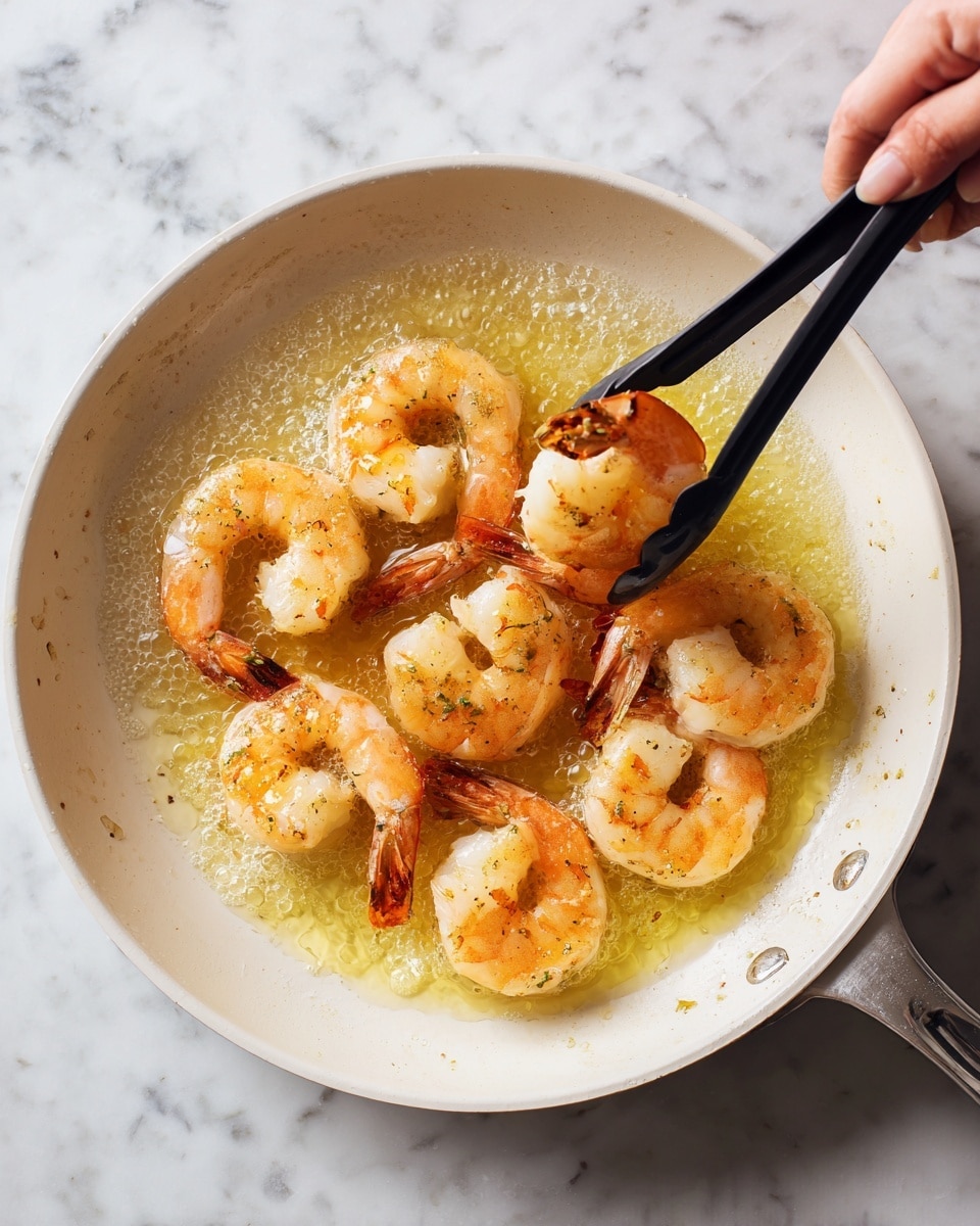 The image shows several cooked shrimp pieces frying in a white pan with bubbling yellow oil. Each shrimp is a light orange color with slight browning on the edges. A pair of black tongs held by a woman's hand is lifting one shrimp, showing its turned texture and golden surface. The white marbled texture of the background is visible around the pan, enhancing the warm look of the shrimp and oil. Photo taken with an iphone --ar 4:5 --v 7