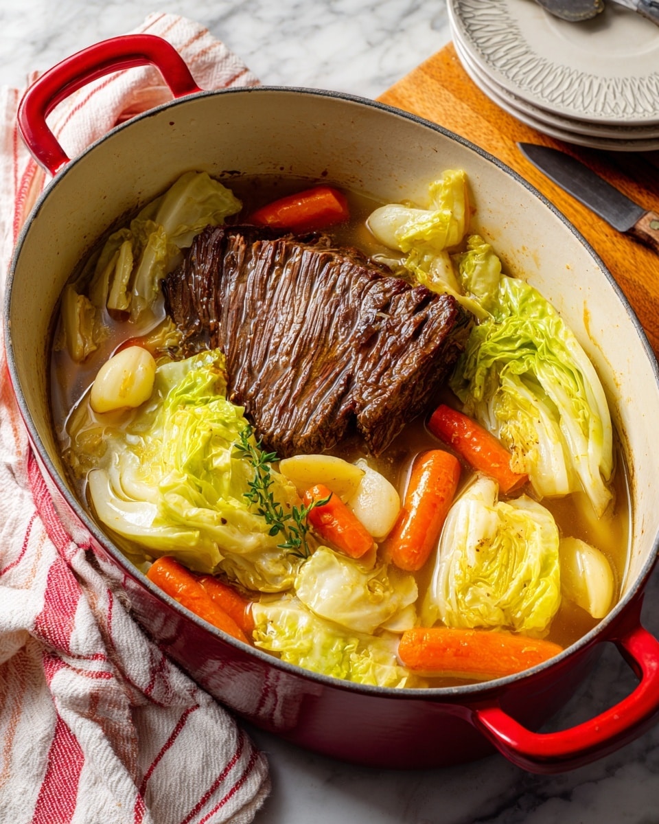 A red oval pot holds a cooked beef roast surrounded by light brown cooked garlic cloves, soft yellow-green cabbage leaves, and small orange carrots all sitting in a golden broth. The large beef piece is dark brown with a slightly shiny texture, and the cabbage and vegetables float around it. The pot is placed on a white marbled surface next to a wooden board with a knife and a white plate with subtle patterns on the edge. A folded red and white striped cloth lies near the pot. Photo taken with an iphone --ar 4:5 --v 7