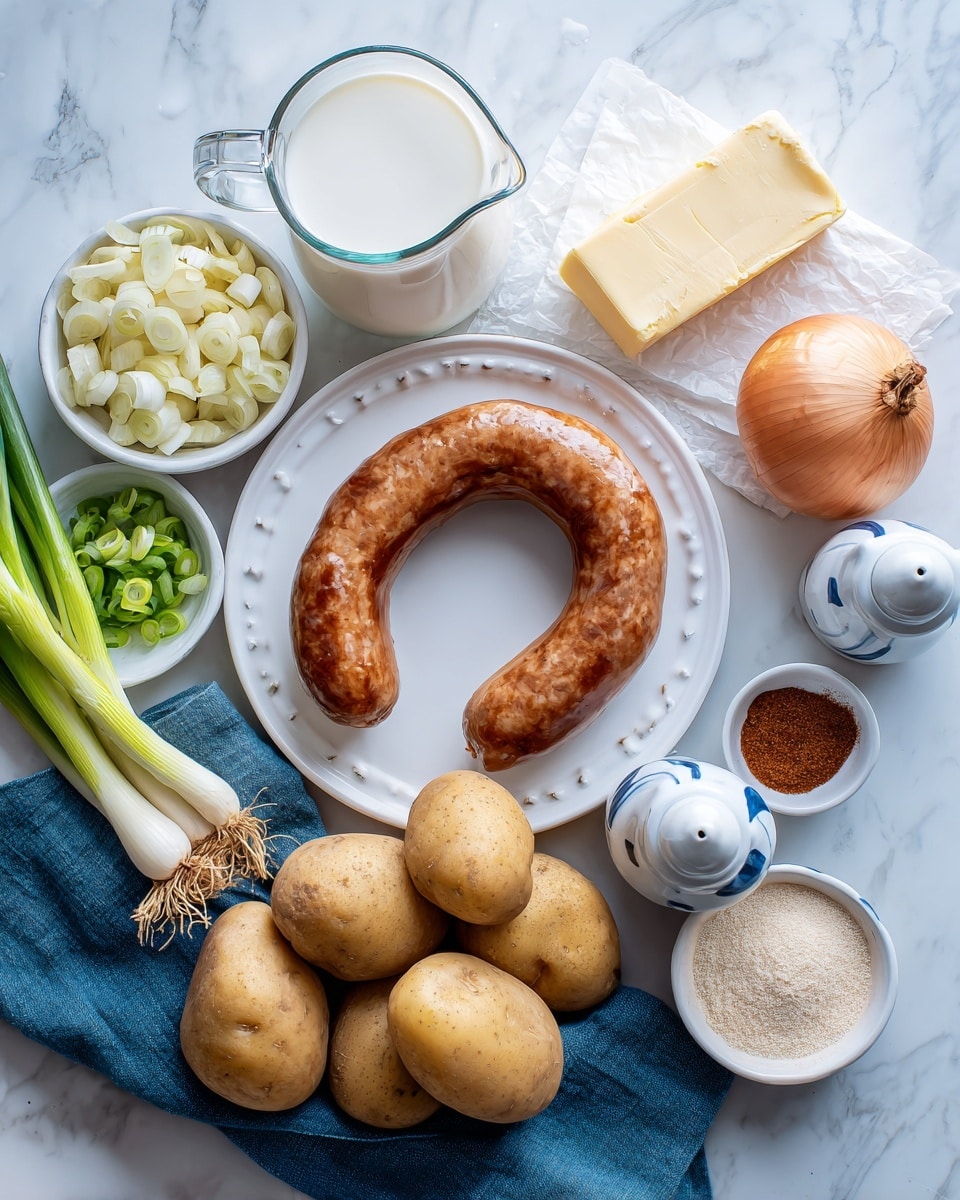 The image shows ingredients laid out on a white marbled surface. In the center, there is a white plate with small round holes around the edge holding a U-shaped smoked sausage, which is brown and shiny. Above the plate, a clear glass measuring cup is filled with white milk. To the top right of the sausage, there is a whole and a halved onion with brown skin and white inside. A stick of pale yellow butter is wrapped in paper nearby. Below the butter, there are two ceramic salt and pepper shakers shaped like people, painted white and blue. To the bottom right, a small white bowl holds light beige garlic powder. Near the bottom left, five medium-sized brown potatoes rest on a dark blue cloth. Above the potatoes, a small white bowl contains chopped green onions. A small white bowl with dark reddish-brown smoked paprika powder sits above the chopped green onion. The image is bright with a clean layout. Photo taken with an iphone --ar 4:5 --v 7