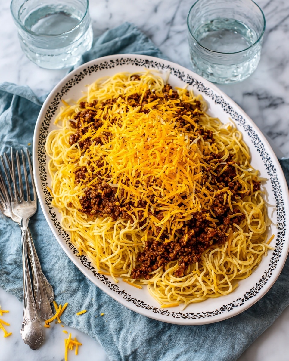 A large white oval plate with a black patterned edge sits on a light blue cloth on a white marbled surface. On the plate are three layers: a base layer of thin, cooked spaghetti noodles that are pale yellow, a middle layer of dark brown, finely cooked ground meat, and a top layer of bright orange shredded cheese scattered thickly across the dish. Small pieces of white chopped onion are spread unevenly over the cheese. Two silver forks lay on the edge of the plate, and some cheese shreds are scattered outside the plate. Two clear glasses of water are placed nearby. Photo taken with an iphone --ar 4:5 --v 7