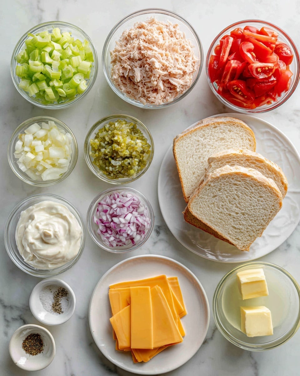 The image shows several clear glass bowls arranged on a white marbled surface, each containing one of the sandwich ingredients. Starting from the top left, there is a bowl with finely chopped green celery, next to it a larger bowl filled with light beige tuna flakes. To the right is a small bowl with chunky green sweet relish. Below the celery is a small bowl with pale yellow lemon juice, and beside it a bowl filled with small, diced red onions. Next to the onions is a tiny bowl with small pieces of minced white garlic. Below lemon juice is a bowl of thick, creamy white mayo. To the left of that is a small white dish with coarse salt and black pepper. At the bottom center is a white plate stacked with neat slices of bright orange cheese. To the right of the cheese is a small cube of pale yellow butter. On the far right is a tall clear bowl filled with bright red tomato slices, with a white plate holding several slices of light brown bread behind it. The whole layout is bright and clean with ingredients ready for making a sandwich photo taken with an iphone --ar 4:5 --v 7