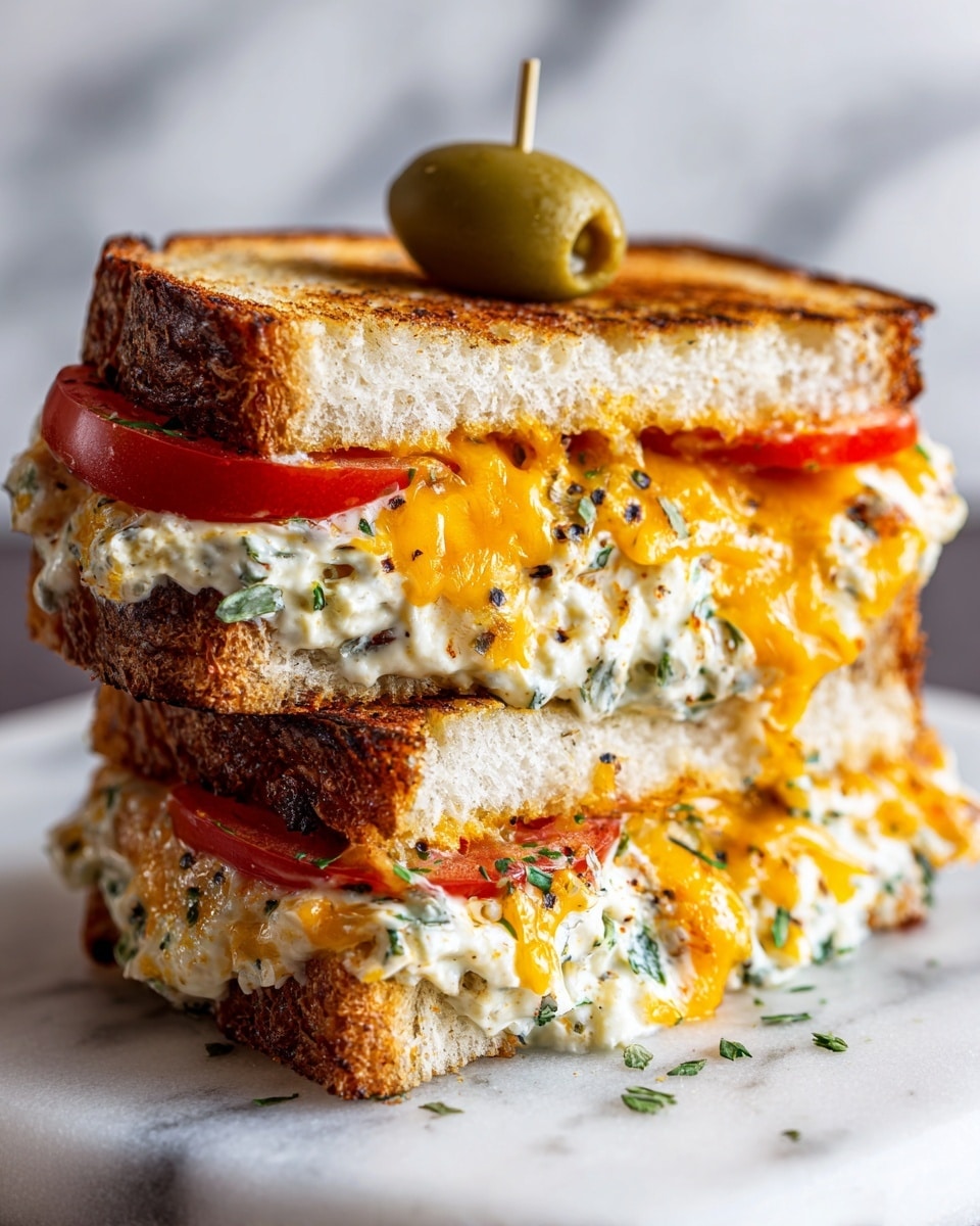 A tall sandwich stacked in two main layers with white toasted bread. Each layer has a thick spread of creamy white filling with visible black pepper bits and green herbs, topped with a bright red tomato slice, and covered with melted orange cheddar cheese oozing slightly over the edges. The sandwich is placed on a white marbled surface, and a green olive is placed on top, skewered through the middle. Photo taken with an iphone --ar 4:5 --v 7