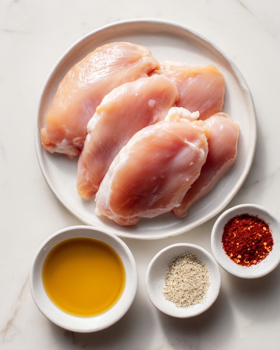On a white plate sit four pieces of raw chicken, each a pale pink with light marbling and smooth texture, arranged close but not overlapping. Below, a small white bowl holds a golden yellow liquid, smooth and reflective. Beneath that, another small white bowl contains four distinct spice groups: a bright red paprika, a coarse white salt, a dark gray pepper, and a beige garlic powder, each clumped separately within the bowl. All items are placed on a white marbled surface, bright and clean, with soft even lighting. photo taken with an iphone --ar 4:5 --v 7