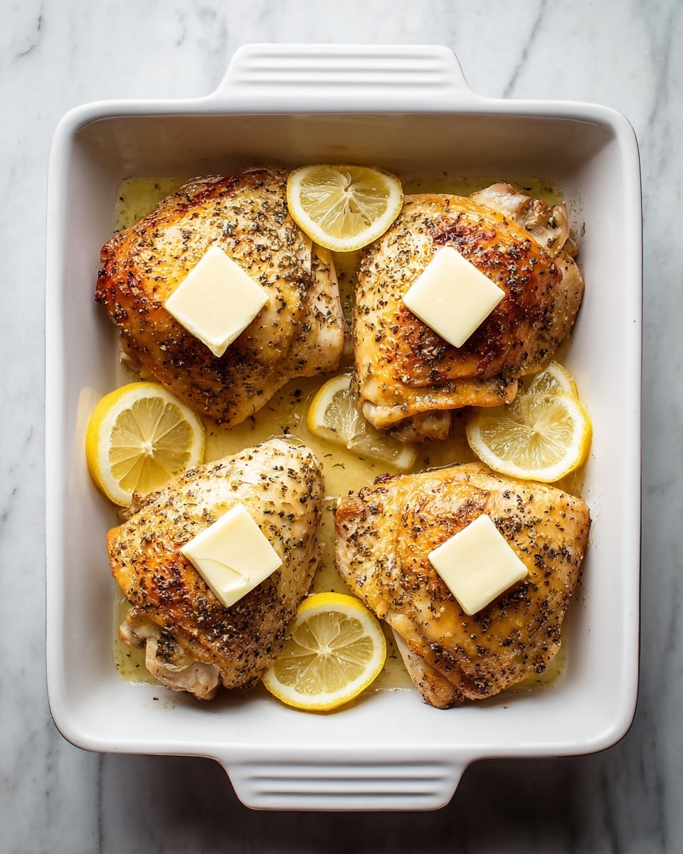 The image shows four pieces of cooked chicken placed in a white rectangular baking dish. Each chicken piece is a golden brown color with a seasoned texture. On top of each piece of chicken, there is one pale yellow square of butter placed in the center. Alongside each butter square, there is a thin slice of lemon with a light yellow rind and semi-transparent pale yellow flesh. The baking dish is set on a white marbled surface. photo taken with an iphone --ar 4:5 --v 7