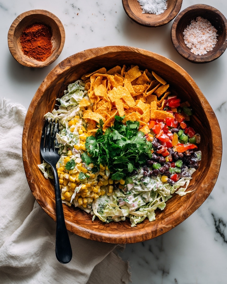 The image shows a wooden bowl filled with a mixed salad that has multiple layers. The bottom layer is creamy shredded white cabbage mixed with small pieces of black beans, green bell peppers, red bell peppers, corn, and some green herbs. On top of this, there are orange-colored crunchy chip strips scattered unevenly across. In the center, there is a bunch of fresh green herbs adding a pop of color. A black metal fork rests on the left side inside the bowl. The bowl is placed on a white marbled surface along with a white cloth nearby and two small brown bowls above it, one containing a reddish powder and the other coarse white salt. Photo taken with an iphone --ar 4:5 --v 7