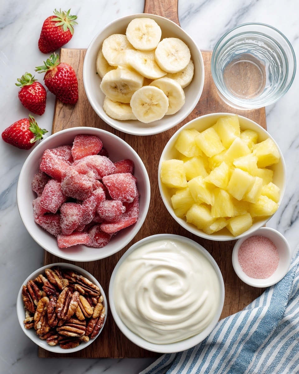 A top view shows six white bowls arranged on a white marbled surface with a wooden board and a striped blue and white cloth underneath them. The largest bowl near the top left is filled with pale yellow sliced bananas arranged in a slightly overlapping layer. To the right is a glass of clear boiling water on the cloth. Below the water is a white bowl filled with bright yellow crushed pineapple, showing a moist and irregular texture. Below the bananas is a white bowl full of frozen strawberries, deep red with frost powder visible on the surface, layered unevenly. To the right of the strawberries is a smaller bowl filled with chopped pecans, their rich brown textures and bits packed closely together. The bottom center bowl is filled with smooth, white sour cream, looking creamy and slightly whipped. To the left of the sour cream is a small bowl with fine pink strawberry gelatin powder, smooth and even. Scattered fresh strawberries are visible around the bowls on the wooden board. photo taken with an iphone --ar 4:5 --v 7