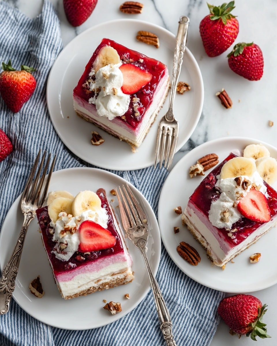 The image shows three white plates with square slices of a layered dessert on them, placed on a white marbled surface with a blue and white striped cloth underneath. Each dessert has three layers: a bottom white creamy layer, a middle pinkish-red fruity layer, and a top red fruit glaze layer with visible berry texture. On top of each slice, there are three banana slices, a dollop of whipped cream, a whole fresh strawberry, and small pieces of pecans sprinkled around. Two ornate silver forks rest on two of the plates. Whole strawberries and pecan pieces are scattered around on the surface. Photo taken with an iphone --ar 4:5 --v 7