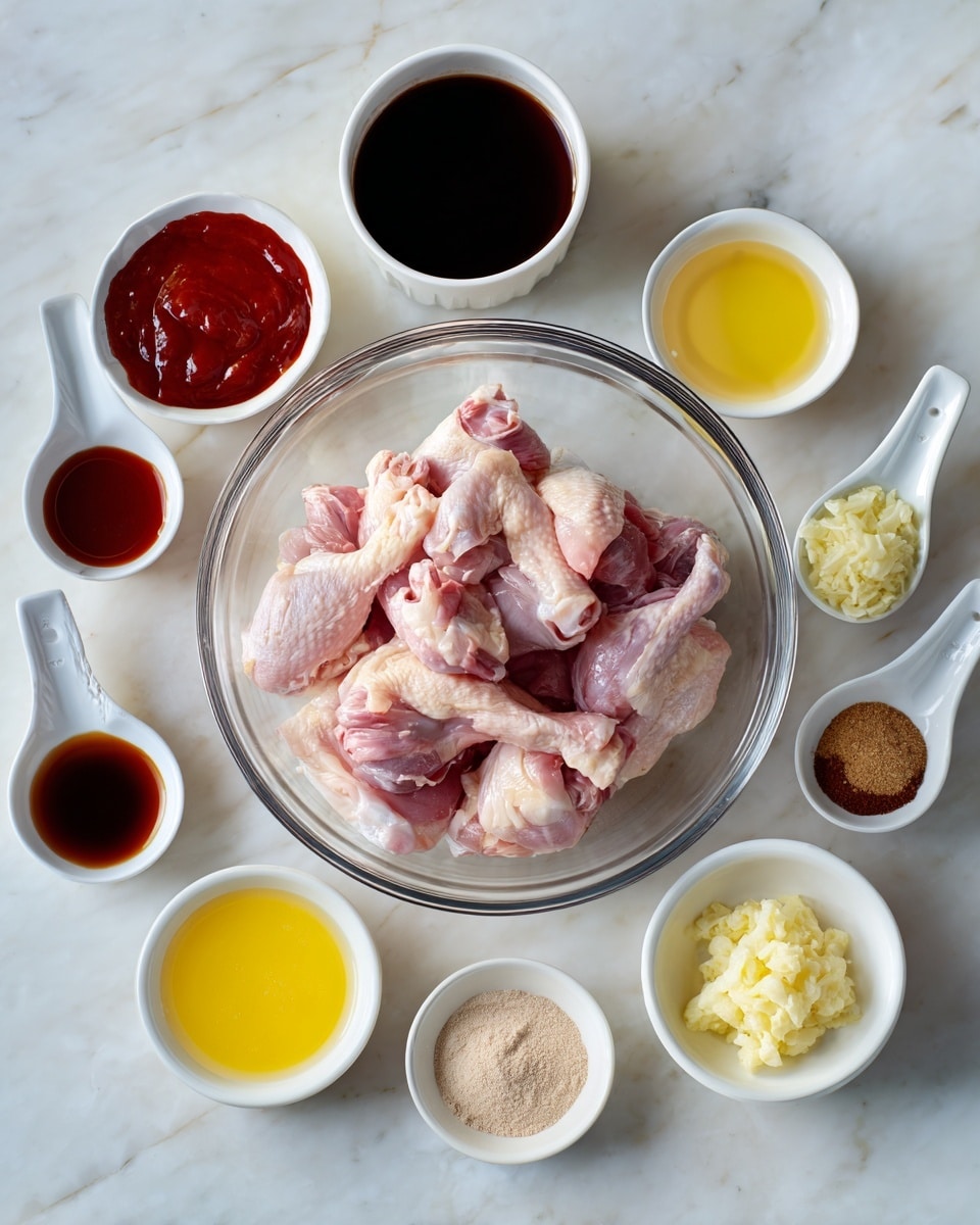 A clear glass bowl in the center holds several raw pink chicken pieces with skin, surrounded by nine small white bowls and measuring spoons holding different ingredients: a thick red sauce, a dark brown liquid, a light yellow liquid, two minced pale yellow pastes, a clear liquid, a light brown powder, and two small amounts of dark and light brown sauces. All items are arranged neatly on a white marbled surface, with the bowl of chicken as the focus. photo taken with an iphone --ar 4:5 --v 7