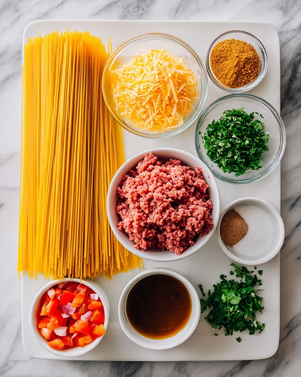 The image shows a white plate neatly arranged with layers of ingredients. On the left side, there is a bundle of long, straight yellow spaghetti noodles placed vertically. Next to it, there are two small clear bowls filled with a light yellow shredded cheddar cheese and finely ground pinkish-brown raw ground beef. In the center, a mostly full small white bowl contains diced red and orange tomatoes, and beside it, a few white bowls hold light brown taco seasoning powder and a dark brown beef broth. On top, green finely chopped cilantro is scattered. The background surface is white with a marbled texture. photo taken with an iphone --ar 4:5 --v 7