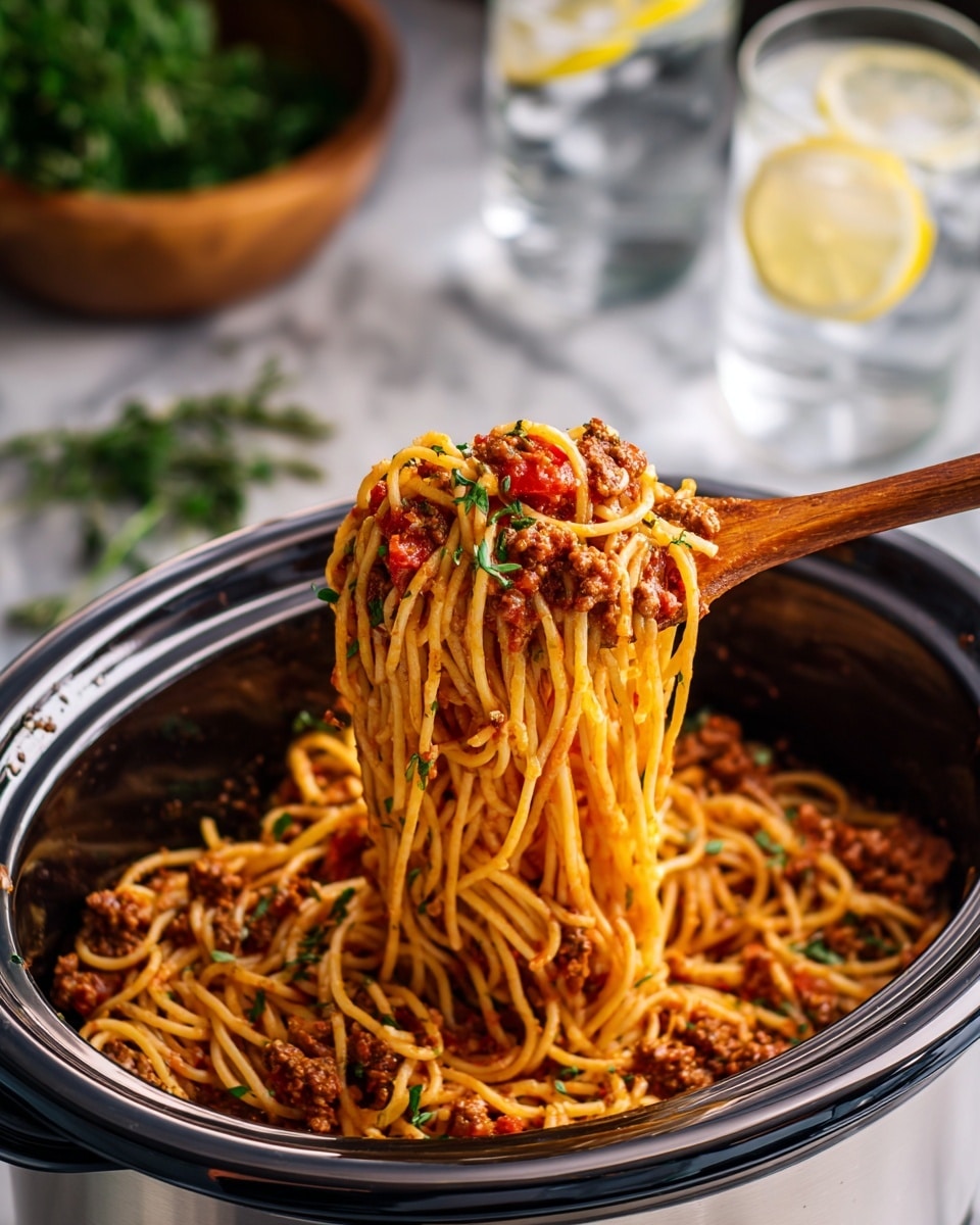 A close-up view of cooked spaghetti noodles mixed with browned meat and small tomato pieces, lifted by a wooden-handled spoon out of a shiny silver slow cooker pot with a black rim; the pasta is coated in a light red sauce with flecks of green herbs, and the thick noodles hang down in long strands from the spoon. In the background, there is a white marbled surface with two clear glasses of water with lemon slices, a bunch of green herbs, and a wooden bowl slightly blurred. photo taken with an iphone --ar 4:5 --v 7