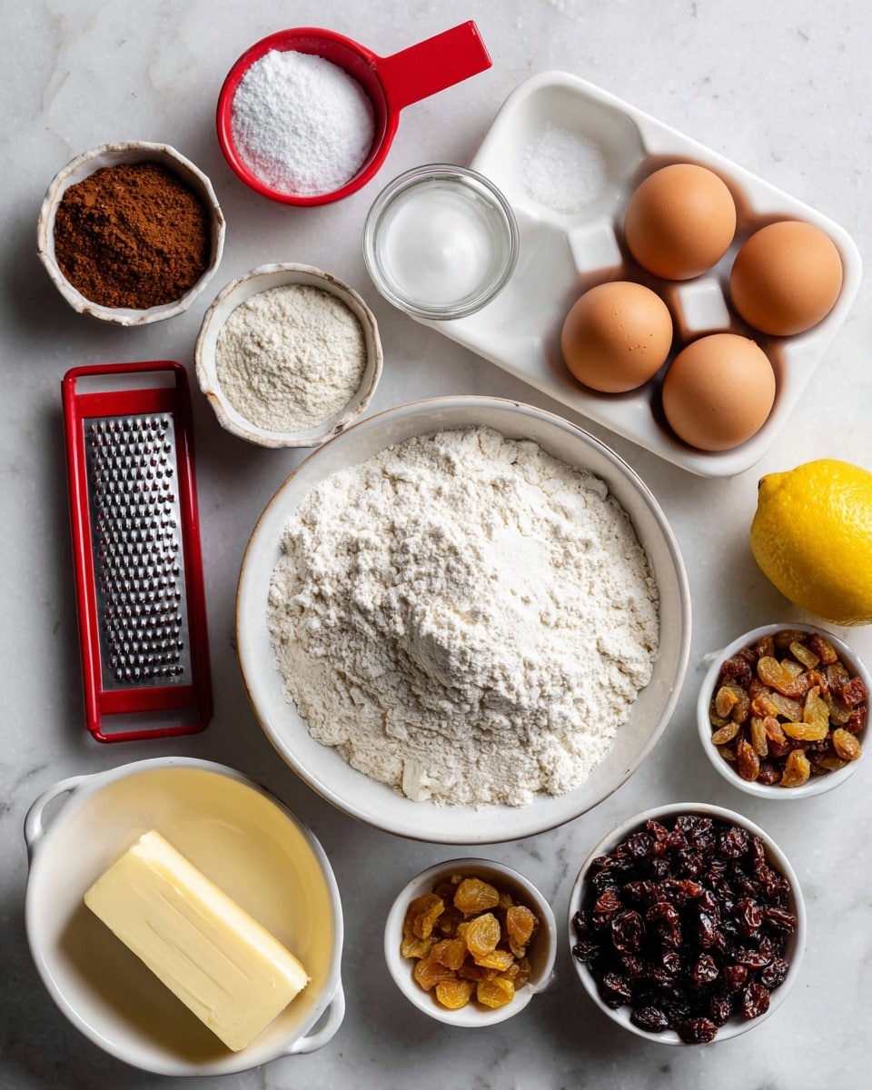 A white bowl filled with layers of white all purpose flour topped with small heaps of brown cinnamon, light brown nutmeg, dark brown ground clove, light grey active dry yeast, and beige cardamom arranged in a circle. Next to it, a small white saucepan contains a light yellow stick of butter sitting on white milk. Above, a white tray holds three light brown eggs, a small clear bowl of transparent egg white, a red measuring cup filled with white sugar, a red metal grater with an orange and a yellow lemon beside it, a small white bowl filled with dark and golden raisins, and a clear bowl with white salt. The scene is set on a white marbled surface. photo taken with an iphone --ar 4:5 --v 7
