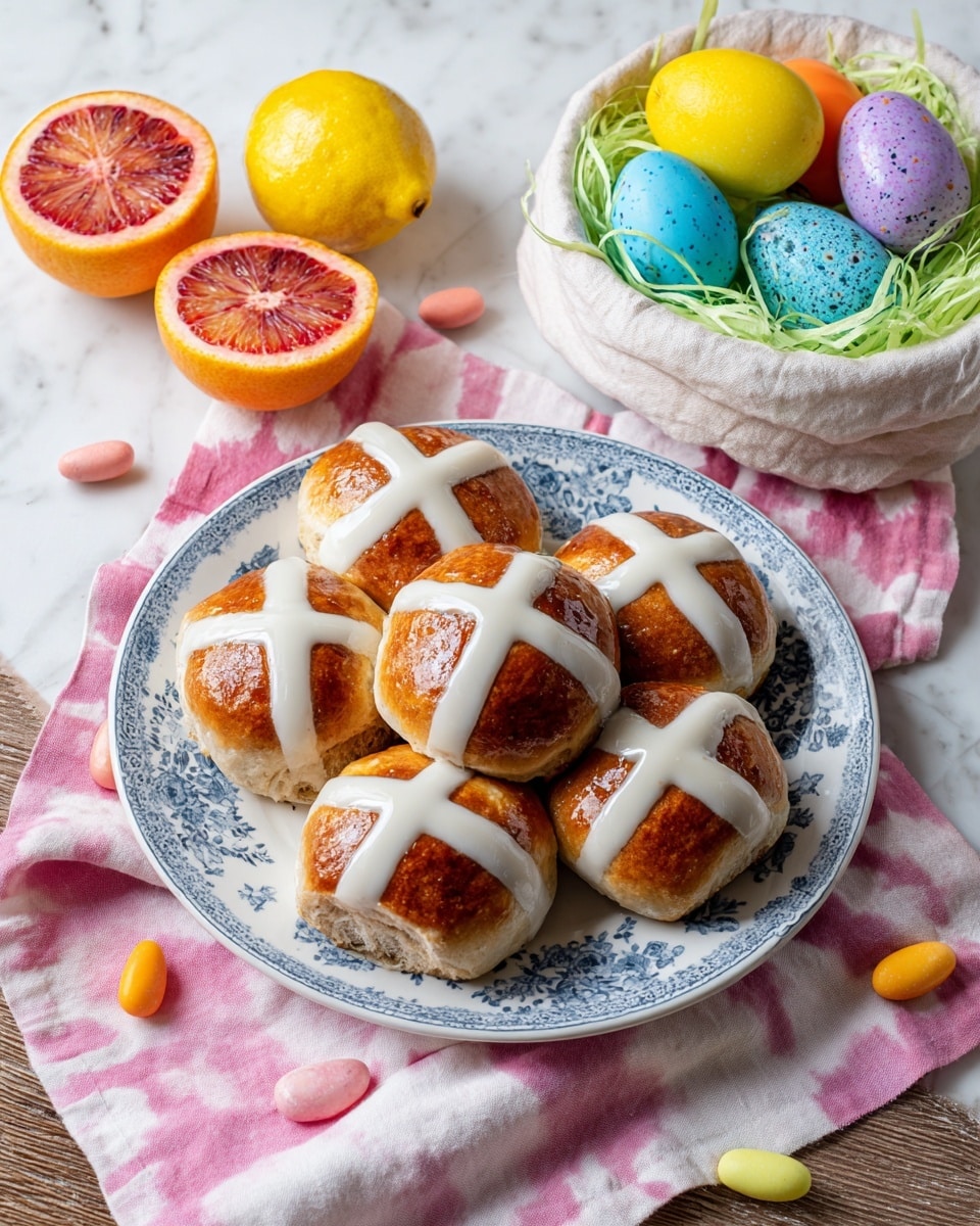 A white plate with blue floral patterns holds six round hot cross buns, each with a golden-brown crust and a white icing cross on top. The plate rests on a pink and white tie-dye cloth that is slightly wrinkled. To the left of the plate, there are two halves of a blood orange and one half of a lemon, showing their bright red and yellow flesh. In the upper right corner, there is a basket with a white base and pastel fabric edges, filled with green shredded paper and colorful speckled Easter eggs in yellow, blue, purple, orange, and pink. Small pastel-colored candy eggs are scattered on the wooden surface around the plate and basket. The whole scene is set on a white marbled surface. photo taken with an iphone --ar 4:5 --v 7