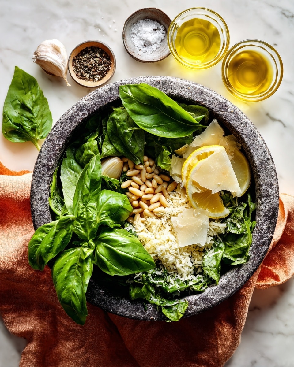 A stone mortar filled with fresh green basil leaves covering most of the space, toasted pine nuts with a golden-brown texture forming a dense pile near the center, thin slices of light yellow parmesan cheese with a slightly crumbly texture stacked on one side, whole garlic cloves with a pale beige color placed next to the cheese, and a fresh lemon wedge with a translucent yellow color situated beside the pine nuts; the mortar is placed on a soft orange cloth with beige accents, with three small clear glass bowls containing olive oil, coarse salt, and black pepper arranged above it, all set on a white marbled surface photo taken with an iphone --ar 4:5 --v 7