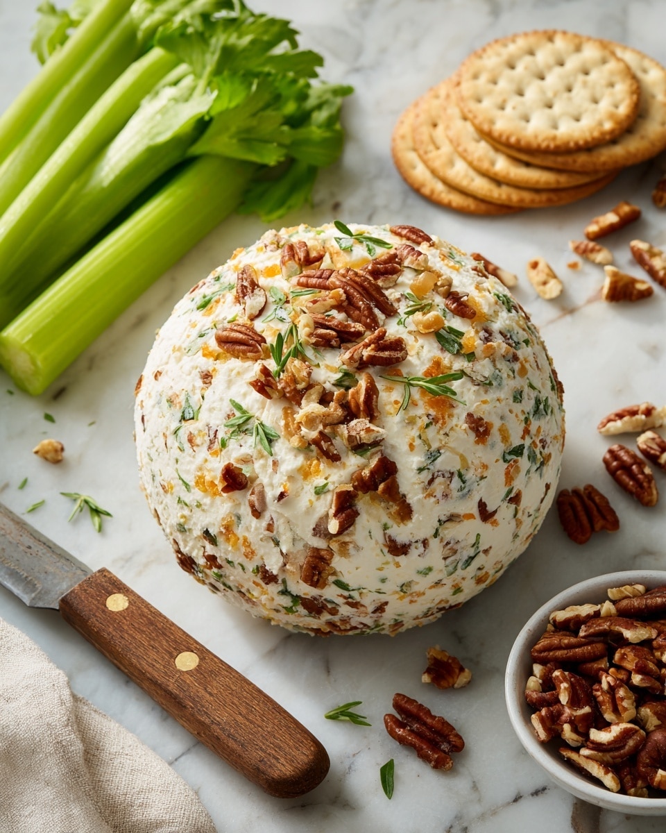 A round, creamy cheese ball sits in the center of the image, topped with small pieces of orange cheddar cheese, brown pecans, and green herb sprigs that add texture and color contrast. The cheese ball's surface is white with visible bits of green herbs mixed throughout. To the left, several leafy green celery sticks are arranged closely together on a white marbled surface, their smooth and crisp texture visible. Behind the cheese ball, a wooden-handled knife rests horizontally, and to the right, a stack of round light-colored crackers is slightly spread out. A small white bowl filled with pecan pieces is positioned in the bottom right corner. The photo taken with an iphone --ar 4:5 --v 7