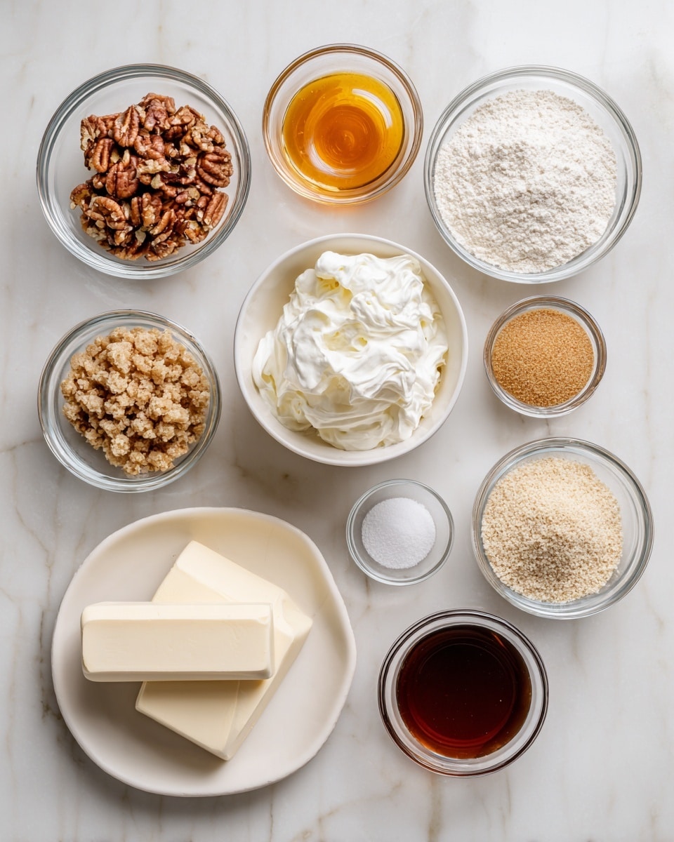 The image shows nine small round glass bowls and one rectangular white plate arranged on a white marbled surface. The white plate on the bottom left holds two stacked blocks of cream cheese, which are smooth and pale off-white. At the top left, there is a bowl filled with chopped pecans, showing rough textures and shades of brown. Next to it, at the top center, is a bowl with a shiny amber ice cream topping. To the right of that is a bowl filled with fine white flour, looking soft and powdery. Below the pecans, a bowl contains melted butter with a smooth, shiny golden yellow color. In the center, there is a larger bowl of whipped topping, which is fluffy and white with soft peaks. To its right is a small bowl of light brown sugar with a slightly grainy texture. Below the butter is a small glass bowl of white granulated sugar. Next to it, slightly lower, is a bowl of crushed graham crackers, showing a crumbly golden texture. A bowl of light beige oats with a rough texture is placed below the brown sugar. Finally, at the bottom right is a bowl of dark brown vanilla extract, smooth and glossy. All bowls and the plate rest on a white marbled surface. Photo taken with an iphone --ar 4:5 --v 7
