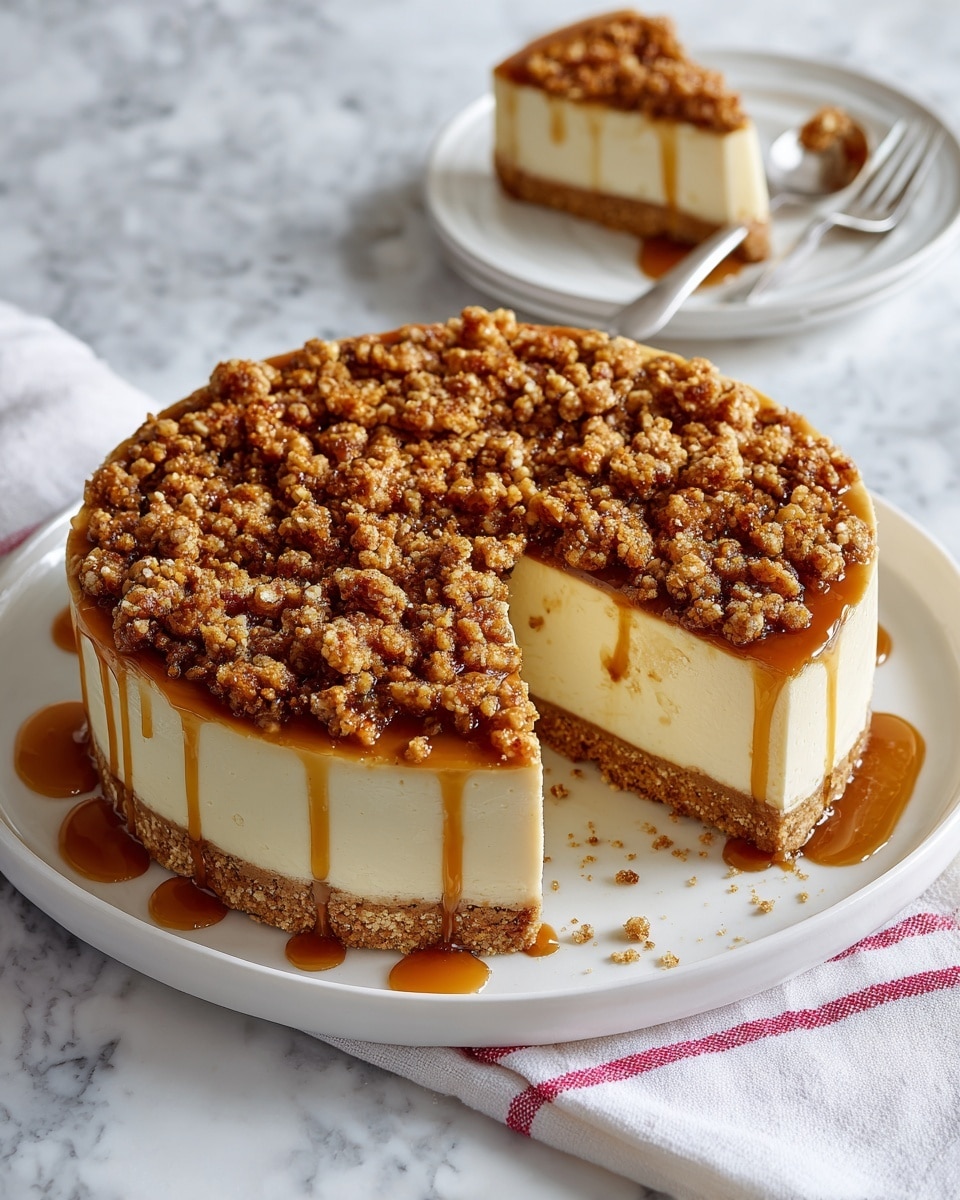 A round cake with three visible layers sits on a white plate with a white marbled surface underneath. The top layer is covered in a coarse crumble topping with small and medium-sized golden brown pieces, drizzled evenly with a shiny caramel sauce. The middle layers appear creamy and light, contrasting with the crunchy top, and the side view shows a crumbly crust at the bottom. One slice is removed, revealing the layers clearly, and a white plate with a piece of cake and a fork is placed in the upper right corner on the white marbled texture. A white cloth with red stripes is partially visible at the bottom right corner. photo taken with an iphone --ar 4:5 --v 7