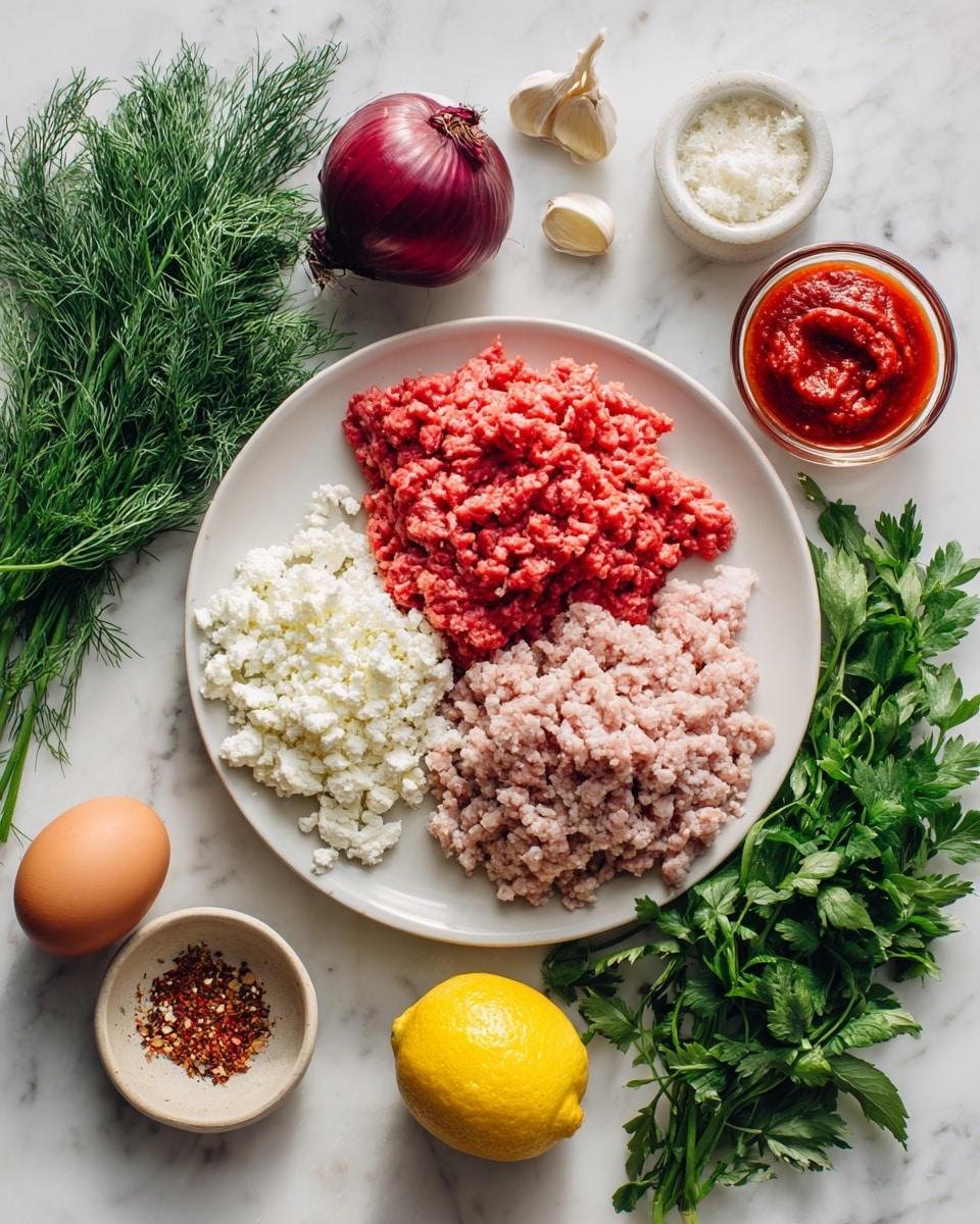 A round white plate sits on a white marbled surface, filled with two piles of raw ground meat side by side: the left pile is bright red ground beef with a coarse texture, and the right pile is pale pink ground lamb, crumbly and soft-looking. To the left of the plate is a bunch of fresh dill with fine green leaves, an egg with a smooth brown shell, and a small white bowl filled with crumbly white feta cheese. Above the egg are two small garlic cloves with light beige skins, and above them is a small glass bowl with bright red tomato paste showing a smooth, thick texture. A large, deep purple-red onion sits at the top left corner. Below the meat, to the right, a small beige dish holds coarse white salt and red Aleppo pepper flakes side by side. To the right of the plate, fresh sprigs of bright green mint and parsley with textured leaves lay on the surface. A large bright yellow lemon with a slightly bumpy skin is placed near the bottom right corner. photo taken with an iphone --ar 4:5 --v 7