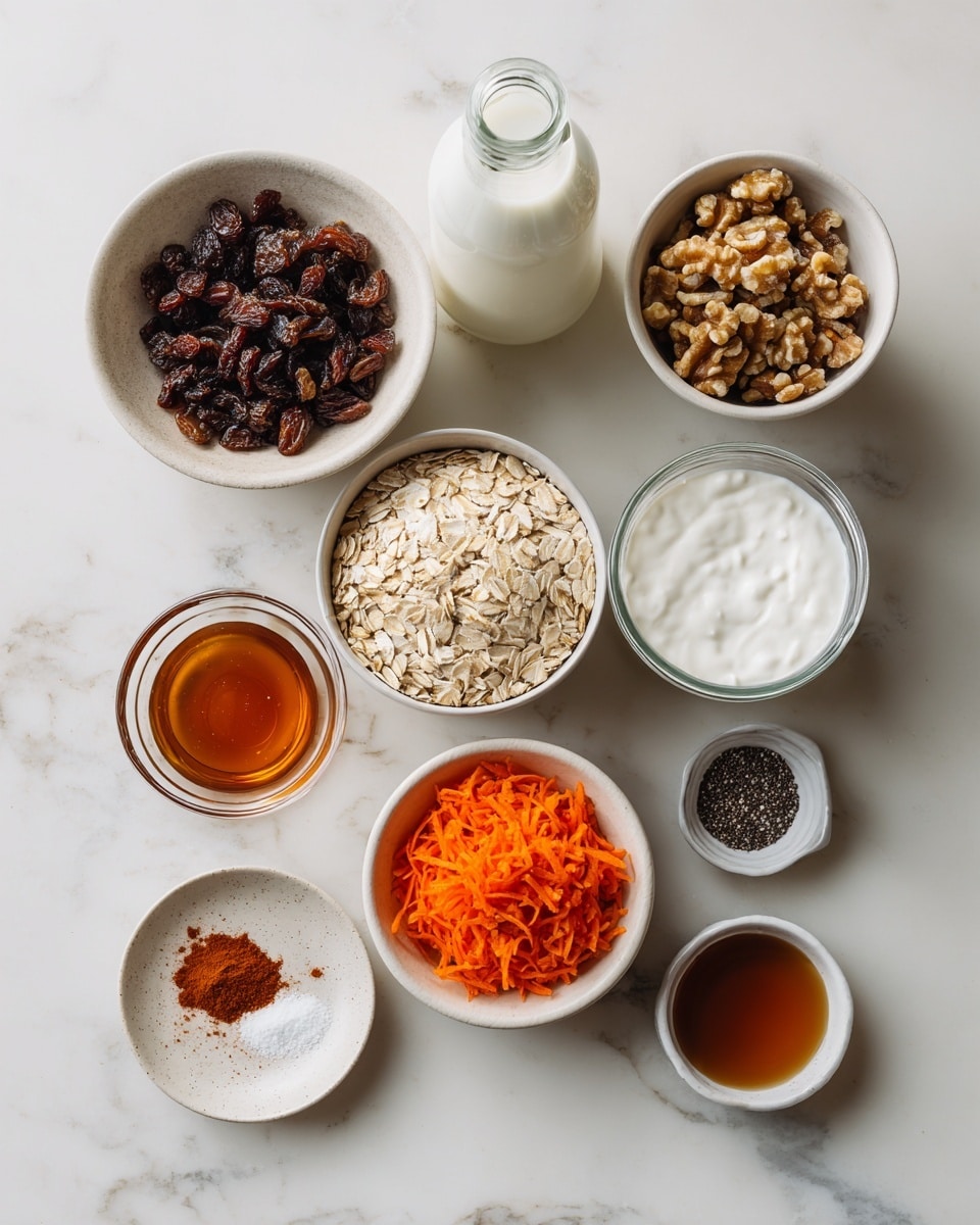 The image shows several white bowls and small containers placed on a white marbled surface. There is a bowl with dark brown raisins, another with light brown chopped walnuts, and one with bright orange shredded carrots. A medium bowl contains light tan rolled oats, while a smaller bowl holds light brown shredded toasted unsweetened coconut. Another small bowl contains tiny, dark chia seeds. There are two small plates - one with a pile of reddish-brown cinnamon powder and white kosher salt, and a clear jar with thick white Greek yogurt. Two bottles stand on the surface, one filled with white milk and the other with dark vanilla extract syrup. A small white bowl has amber-colored maple syrup inside. The ingredients are neatly arranged and labeled. Photo taken with an iphone --ar 4:5 --v 7