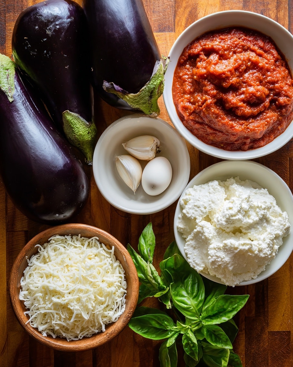 The image shows two large dark purple eggplants on the left side. Around them, there are bowls and items placed on a wooden surface. At the top right, a white bowl is full of thick red tomato sauce with some texture. Below that, there is a small white dish holding two garlic cloves and an egg next to it. At the center, a wooden bowl contains white ricotta cheese with a soft, grainy texture. Below that, a small white bowl is filled with shredded white cheese. On the bottom right, a larger white bowl is filled with more ricotta cheese. Fresh green basil leaves lie next to the bowls, adding a bright color contrast. photo taken with an iphone --ar 4:5 --v 7