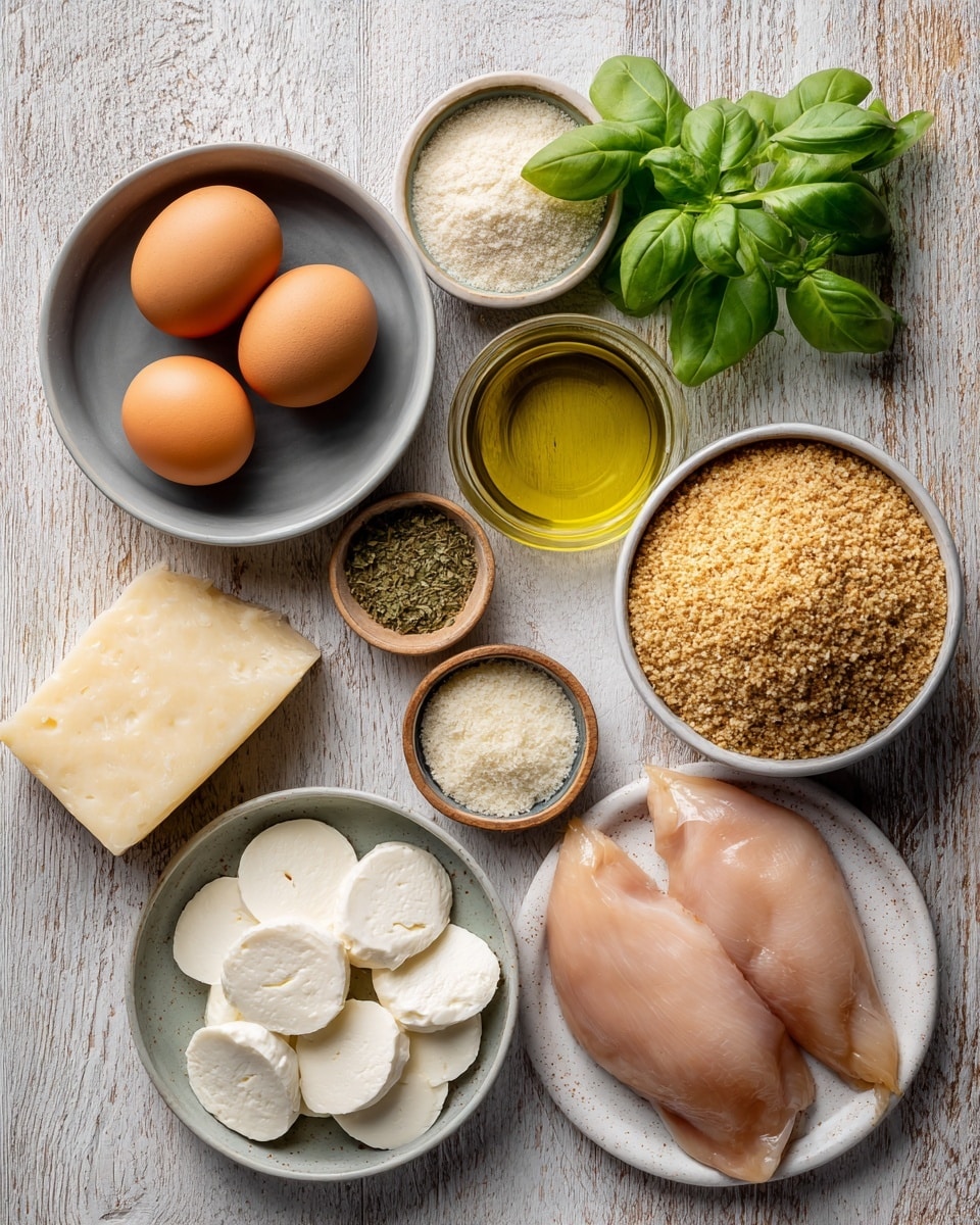 The image shows several ingredients arranged on a wooden surface with a white marbled texture. There are three brown eggs in a round gray bowl at the top left. Next to the eggs on the right is a small bunch of fresh green basil leaves. Below the basil is a small glass bowl filled with golden olive oil. To the right of the olive oil, a larger gray bowl holds coarse, light brown breadcrumbs. Below the breadcrumbs, on the bottom right, a white plate holds two raw, pale pink chicken breasts. To the left of the chicken, there is a white plate with several slices of fresh white mozzarella cheese. Above the mozzarella, on the left side, is a block of pale yellow Parmesan cheese. In the center, a small gray bowl contains dried herbs and light yellow powder, and below it another small round wooden bowl is filled with white flour. The whole scene is lit naturally with visible texture on all ingredients. Photo taken with an iphone --ar 4:5 --v 7