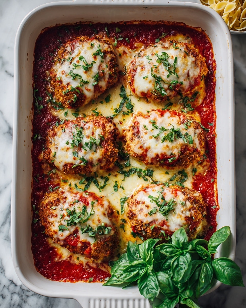 The image shows a white baking dish with six pieces of chicken parmesan arranged in two rows. Each piece has a crispy, golden brown breaded base layer, topped with a thick red tomato sauce layer and a melted cheese layer that is slightly browned and bubbly. Small green basil leaves are sprinkled over each piece, adding fresh color. A bunch of bright green whole basil leaves sits in the bottom right corner of the dish. The dish is set on a white marbled surface, and a couple of pieces of pasta are visible in the top right corner. photo taken with an iphone --ar 4:5 --v 7