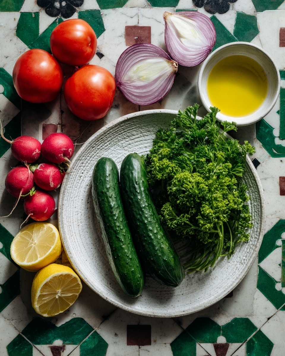 The image shows fresh ingredients arranged on a white marbled surface with green and black tiles pattern beneath. In the center, a white textured plate holds two dark green cucumbers lying side by side and a bunch of curly, bright green parsley placed next to them. Around the plate, there are four red tomatoes to the left, three small round radishes below the tomatoes, and two halves of a yellow lemon below the plate. Above the plate, two halves of a red onion with light purple and white layers are placed side by side. To the right of the lemon halves, a small white bowl contains golden yellow olive oil. The ingredients are separately placed and clearly visible with natural colors and textures. Photo taken with an iphone --ar 4:5 --v 7