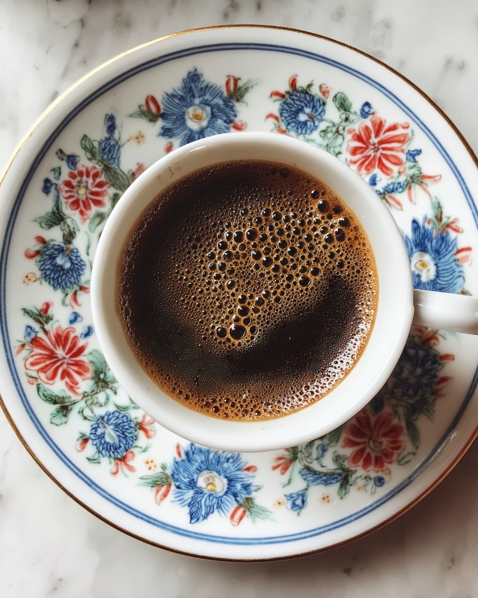 A close-up, top view of a white cup filled with dark coffee that has fine bubbles on its surface; the cup sits on a white saucer decorated with blue, red, and green floral patterns arranged in two concentric circles, all placed on a white marbled surface photo taken with an iphone --ar 4:5 --v 7