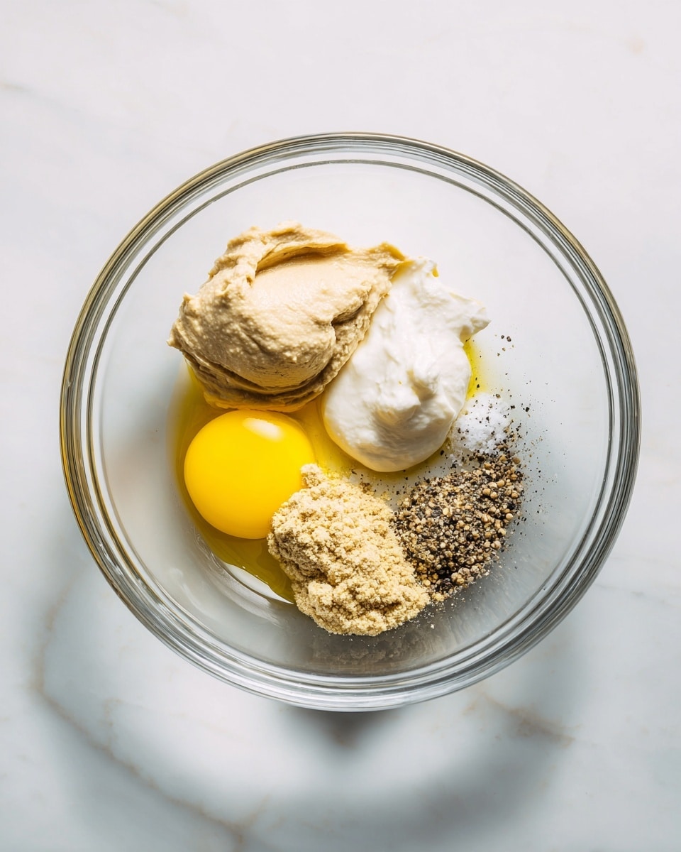 A clear glass bowl sits on a white marbled surface, holding five separate dollops of ingredients. The largest dollop is a light beige creamy mixture positioned on the left side. Above it and slightly to the right is a smooth white layer. To the right of the white layer is a bright yellow mustard dollop. Below the mustard is a small beige, textured portion. Spread beside these ingredients on the bottom right is a mix of black pepper and salt sprinkled loosely over a light oily layer. The scene is simple, bright, and clean, with no utensils or other objects inside the bowl photo taken with an iphone --ar 4:5 --v 7