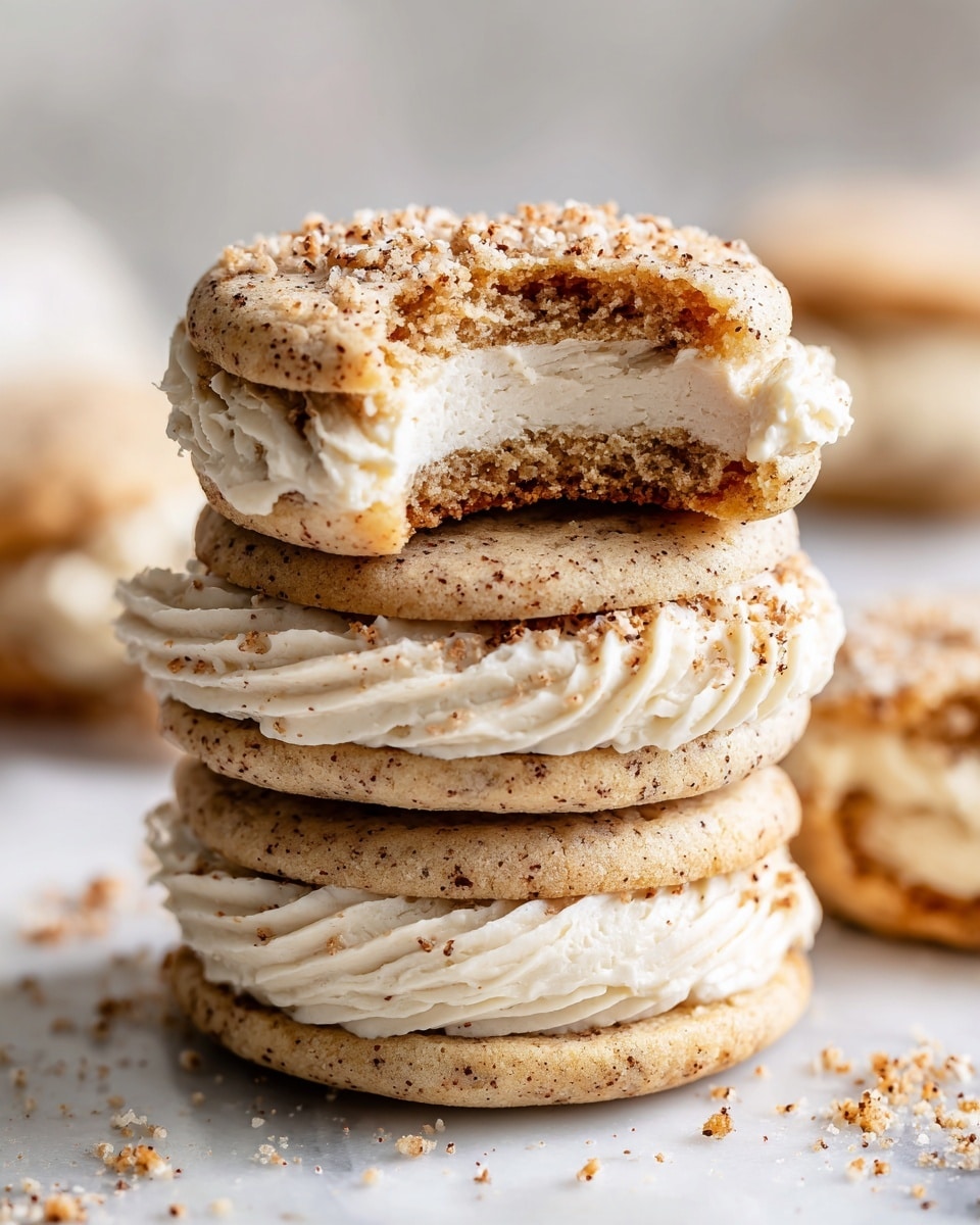 A close-up view of a stack of three cookie sandwiches, each with two light brown, speckled cookies that look soft and textured, filled with a thick layer of creamy off-white frosting sprinkled lightly with tiny brown bits. The top cookie sandwich has a bite taken out showing a crumbly inside and more frosting with a swirled, slightly rough texture. The whole stack is placed on a white marbled surface with blurred cookie pieces in the background, photo taken with an iphone --ar 4:5 --v 7
