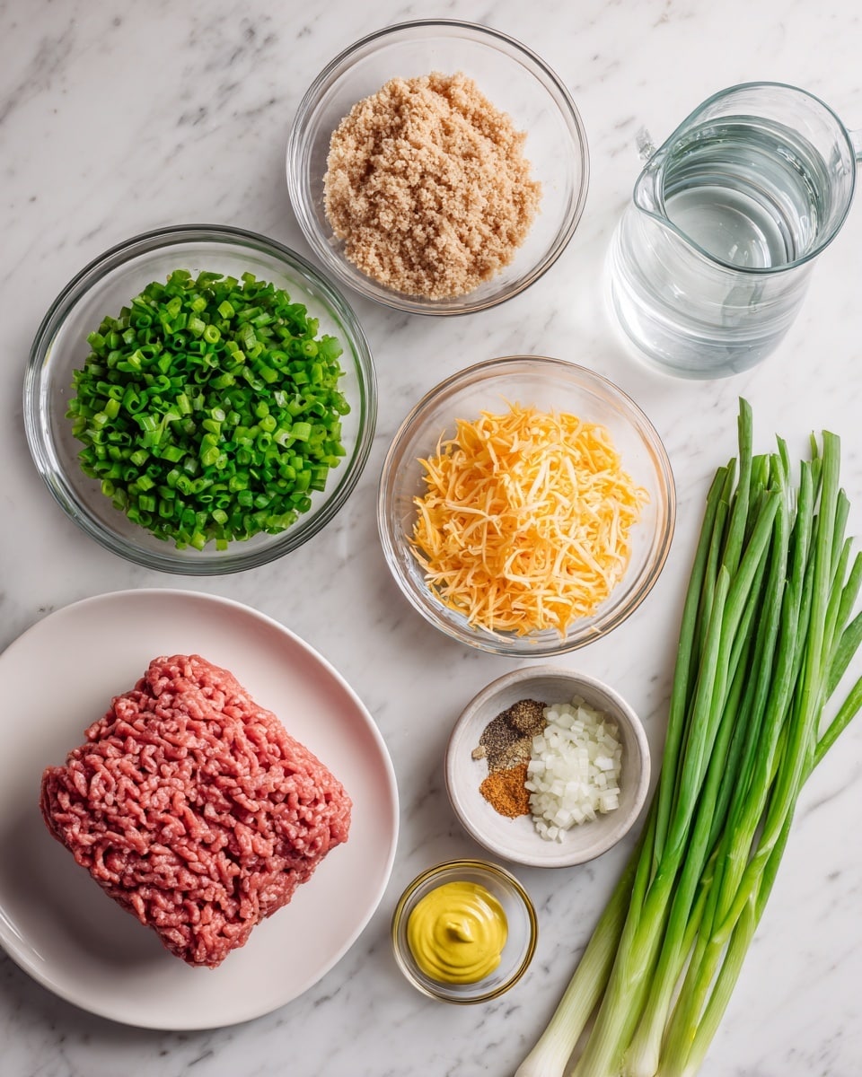 The image shows ingredients for cooking arranged neatly on a white marbled surface. There are two clear bowls at the top; one filled with small, bright green chopped vegetables, and the other with light brown bread crumbs. Below them, there is a small bowl with orange shredded pieces, another small bowl with white chopped onions, and a smaller bowl with brown seasoning. To the right side, a bunch of fresh green onions lie horizontally. At the bottom left, there is a white plate with a block of raw ground meat that has a pinkish-red color. Next to it is a clear glass pitcher filled with clear water, and a small glass bowl with yellow mustard beside it. The image photo was taken with an iphone --ar 4:5 --v 7